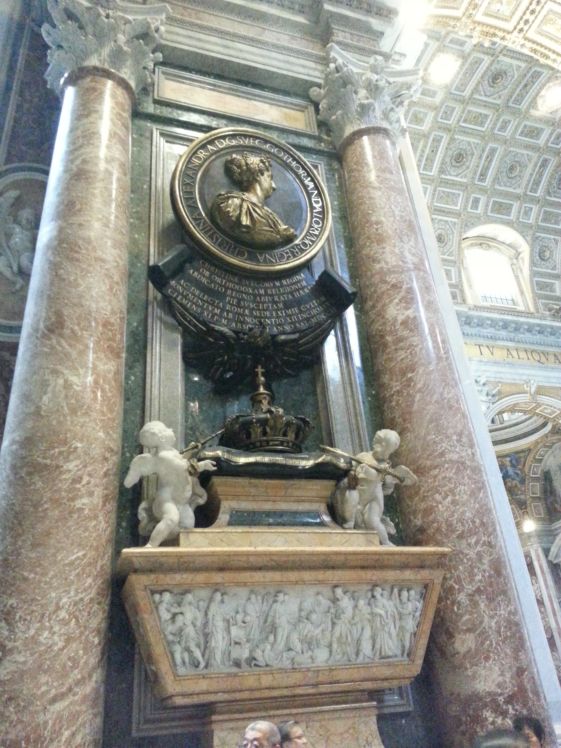 Monument to Christina of Sweden, the brave Swedish queen who relinquished the throne in order to embrace Catholicism. (The abdication document is in the Vatican Archives.) After enduring the scorn of Swedish nobility, she left her homeland and settled in Rome until her death. 