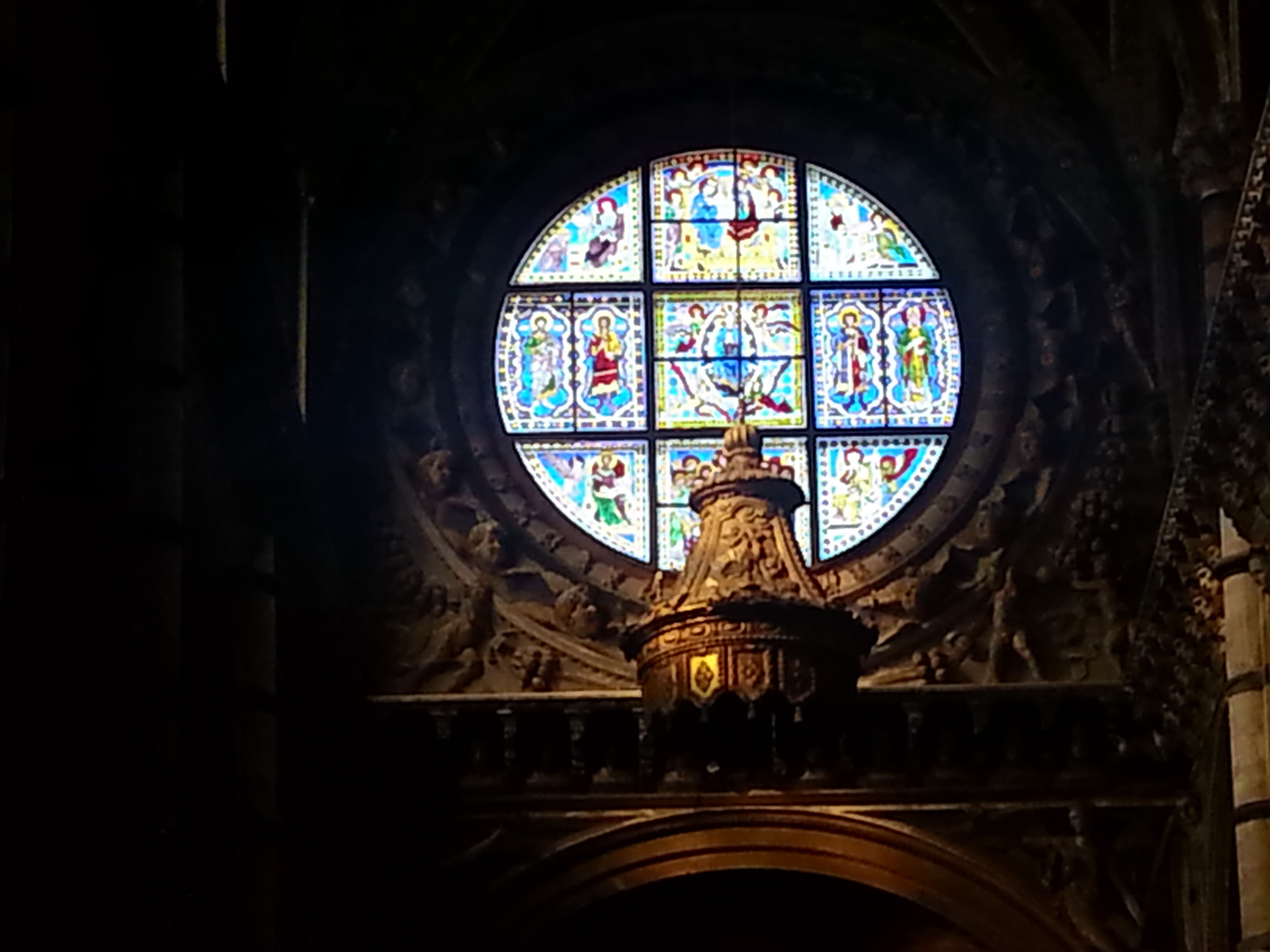 Basilica Blue Virgin Mary Saints Rose Window Stained Glass Cathedral Church Siena Italy. Completed from 1215 to 1263. 