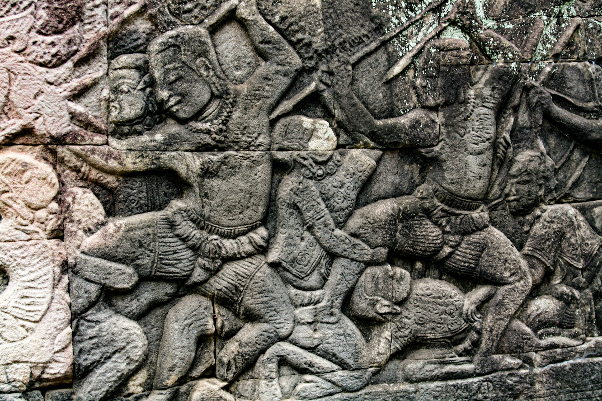 Army of archers with arrows and bows, bas-relief inside 12th century Bayon temple, Angkor Thom of Cambodia. 