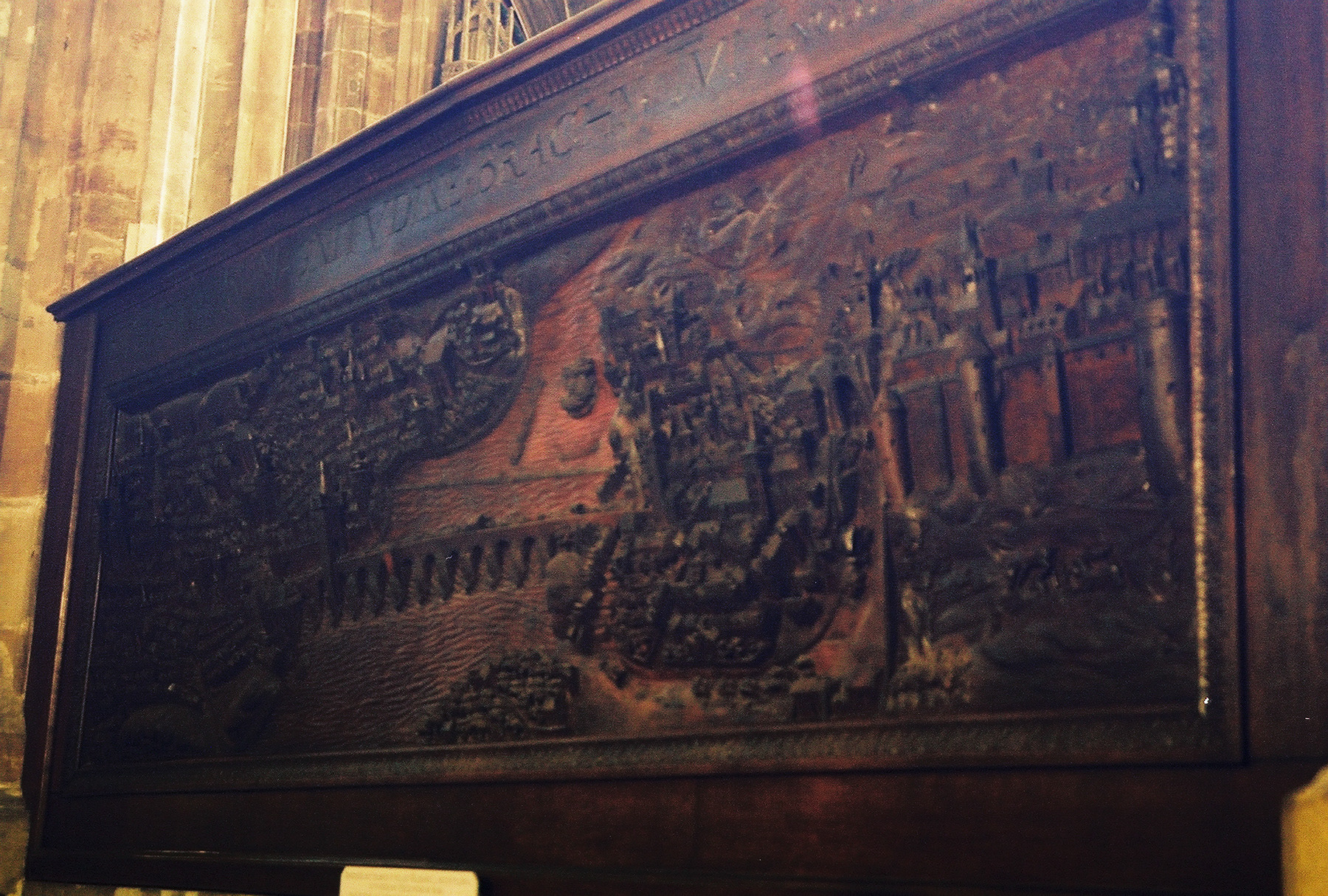 Wooden carving of Prague in the Saint Vitus Cathedral in Prague, Czech Republic 