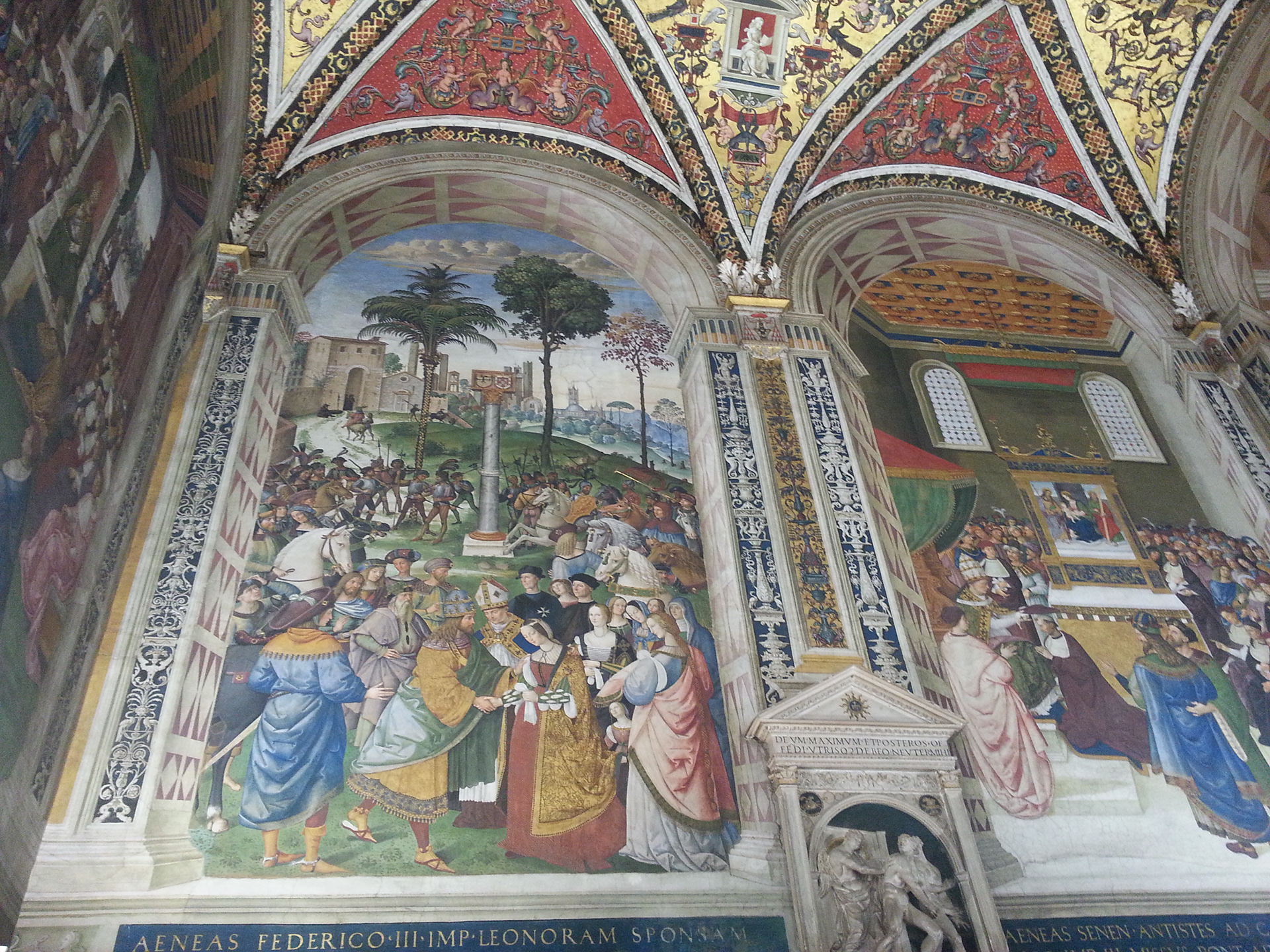 Siena Cathedral has the Piccolomini Library which was built by order of cardinal Francesco Piccolomini. Built adjacent to the Siena Cathedral, the library contains over 200 manuscripts housed in Siena Cathedral, some of which date back to the 12th century.  