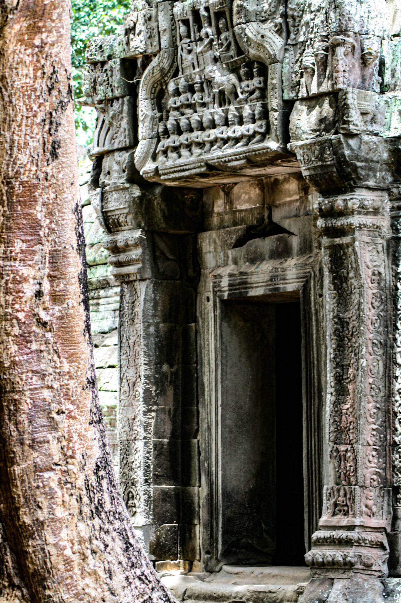 Stone pillar window in the jungle temple of Ta Prohm, Angkor complex.