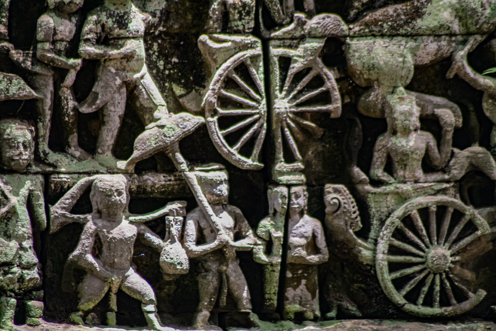 Ancient bas relief sculpture in Ta Prohm, Siem Reap, Cambodia.