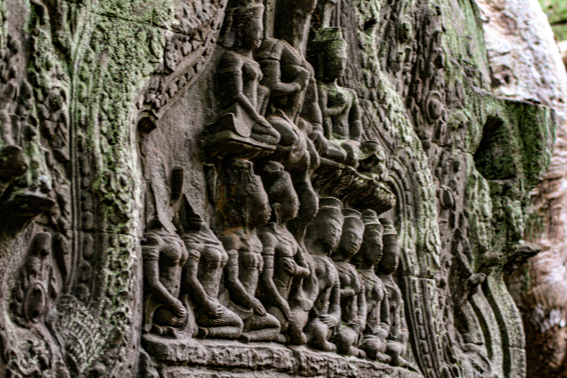 Ancient bas relief sculpture in Ta Prohm, Siem Reap, Cambodia.