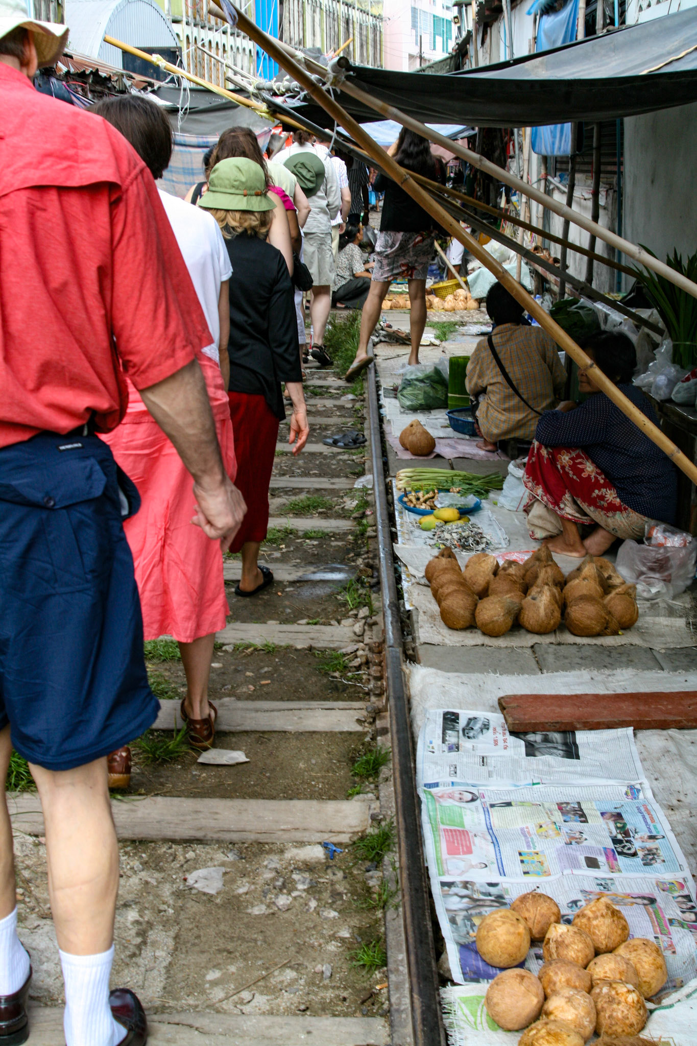 The Maeklong Railway Market or folding umbrella market at Maeklong, Thailand 