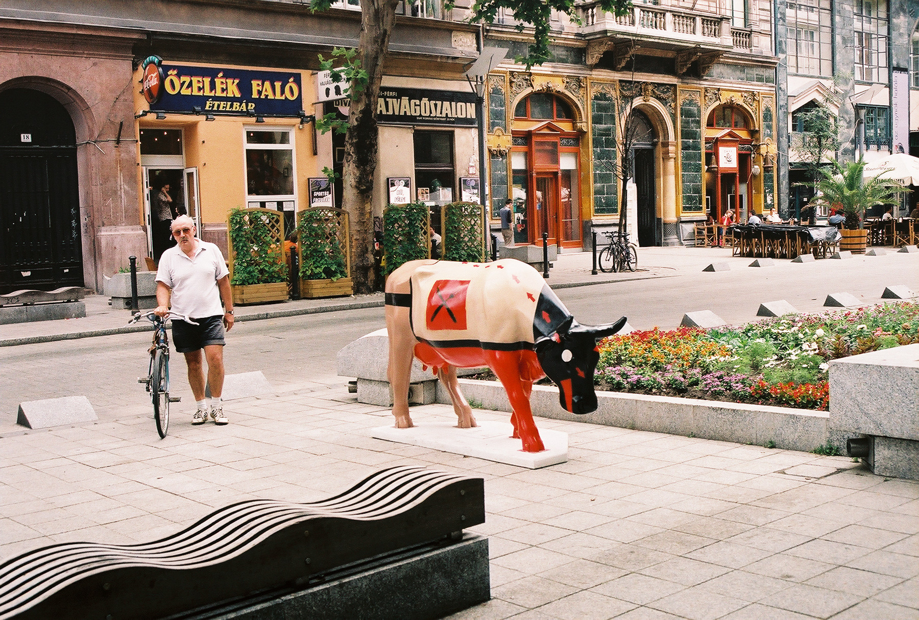 The Hungarian House of Photography (Magyar Fotográfusok Háza), also known as Mai Manó Ház (background), stands in Nagymező Street. Cows On Parade entry in foreground.