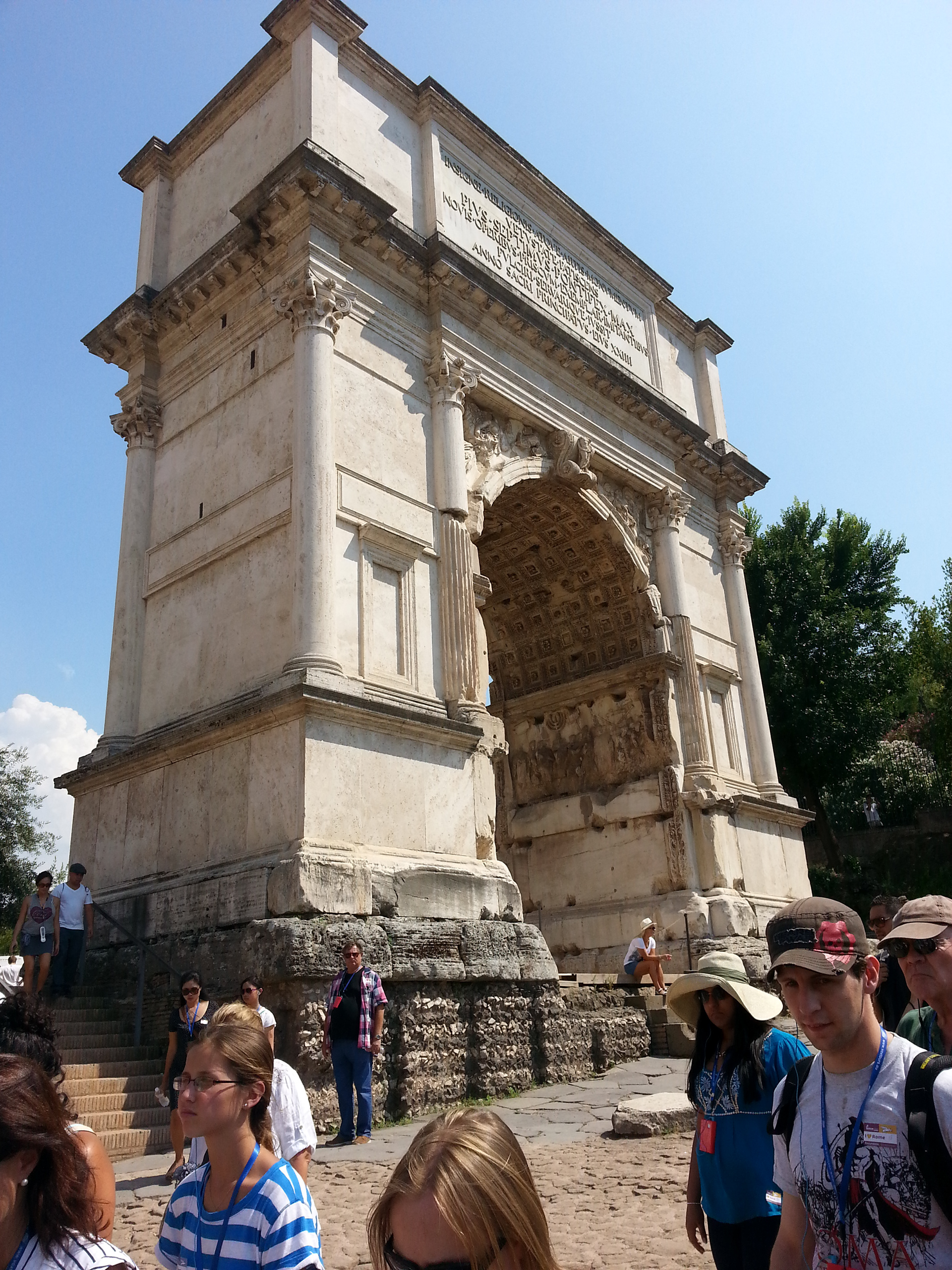 The Arch of Titus (Italian: Arco di Tito; Latin: Arcus Titi) is a 1st-century AD honorific arch, located on the Via Sacra, Rome, just to the south-east of the Roman Forum. It was constructed in c. 81 AD by the Emperor Domitian shortly after the death of his older brother Titus to commemorate Titus's official deification or consecration and the victory of Titus together with their father, Vespasian, over the Jewish rebellion in Judaea. 