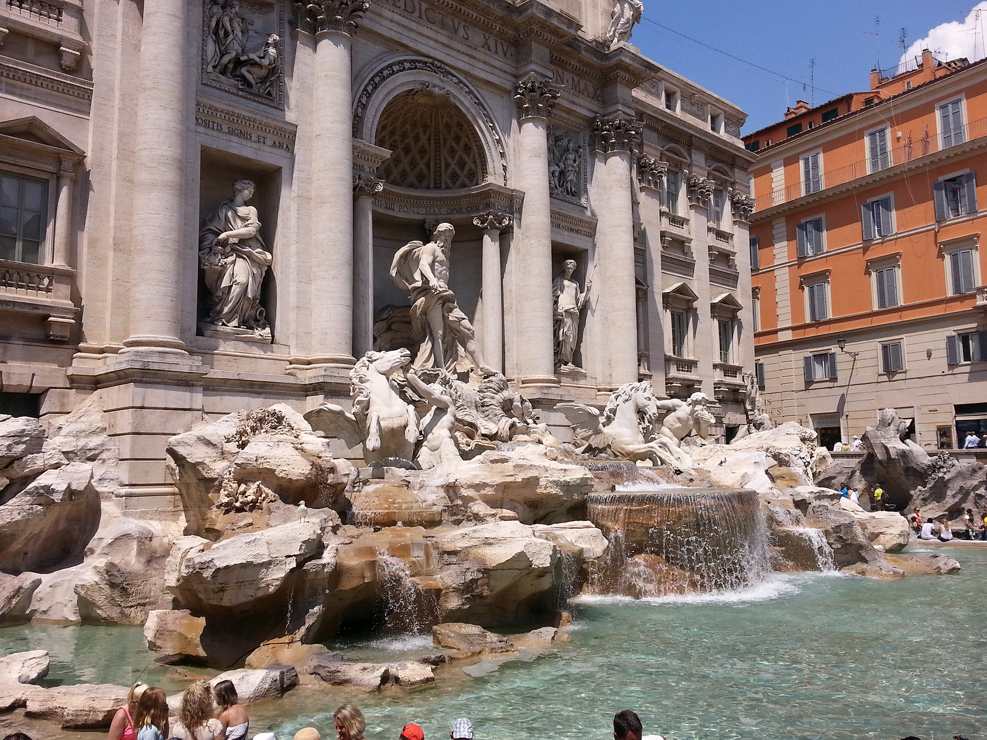 The Trevi Fountain (Italian: Fontana di Trevi) is an 18th-century fountain in the Trevi district in Rome, Italy, designed by Italian architect Nicola Salvi and completed by Giuseppe Pannini and several others. Standing 26.3 meters (86 ft) high and 49.15 meters (161.3 ft) wide, it is the largest Baroque fountain in the city and one of the most famous fountains in the world. 