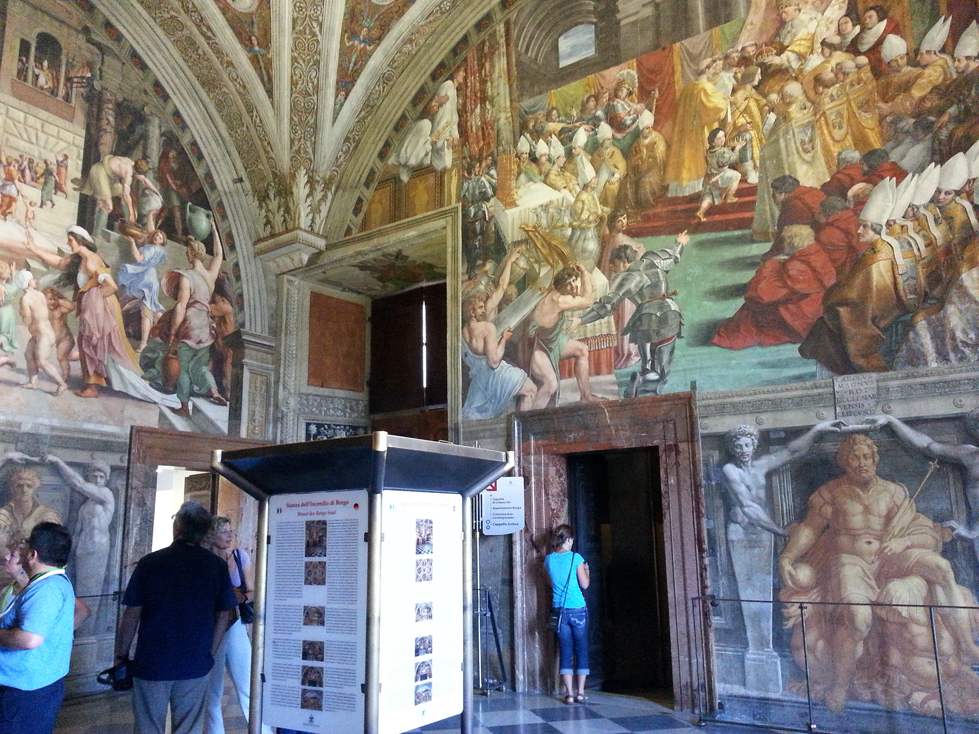 The Coronation of Charlemagne is a painting by the workshop of the Italian Renaissance artist Raphael. Though it is believed that Raphael did make the designs for the composition, the fresco was probably painted by Gianfrancesco Penni. The painting was part of Raphael's commission to decorate the rooms that are now known as the Stanze di Raffaello, in the Apostolic Palace in the Vatican. It is in the room that was named after The Fire in the Borgo, the Stanza dell'incendio del Borgo. 