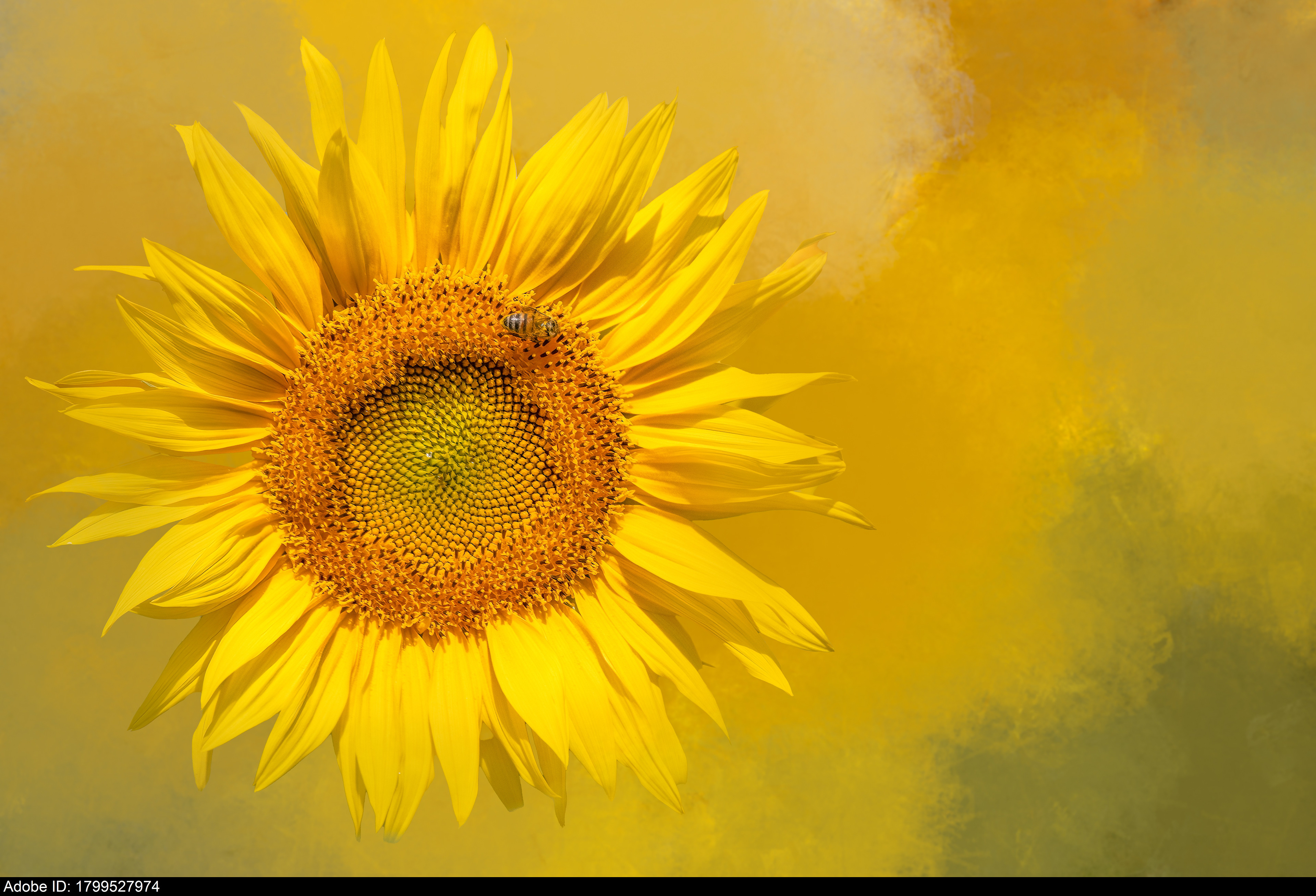 1799527974  Leuchtend gelbe Sonnenblumenblüte mit kleiner Biene, die Pollen und Nektar sammelt, mit Freiraum