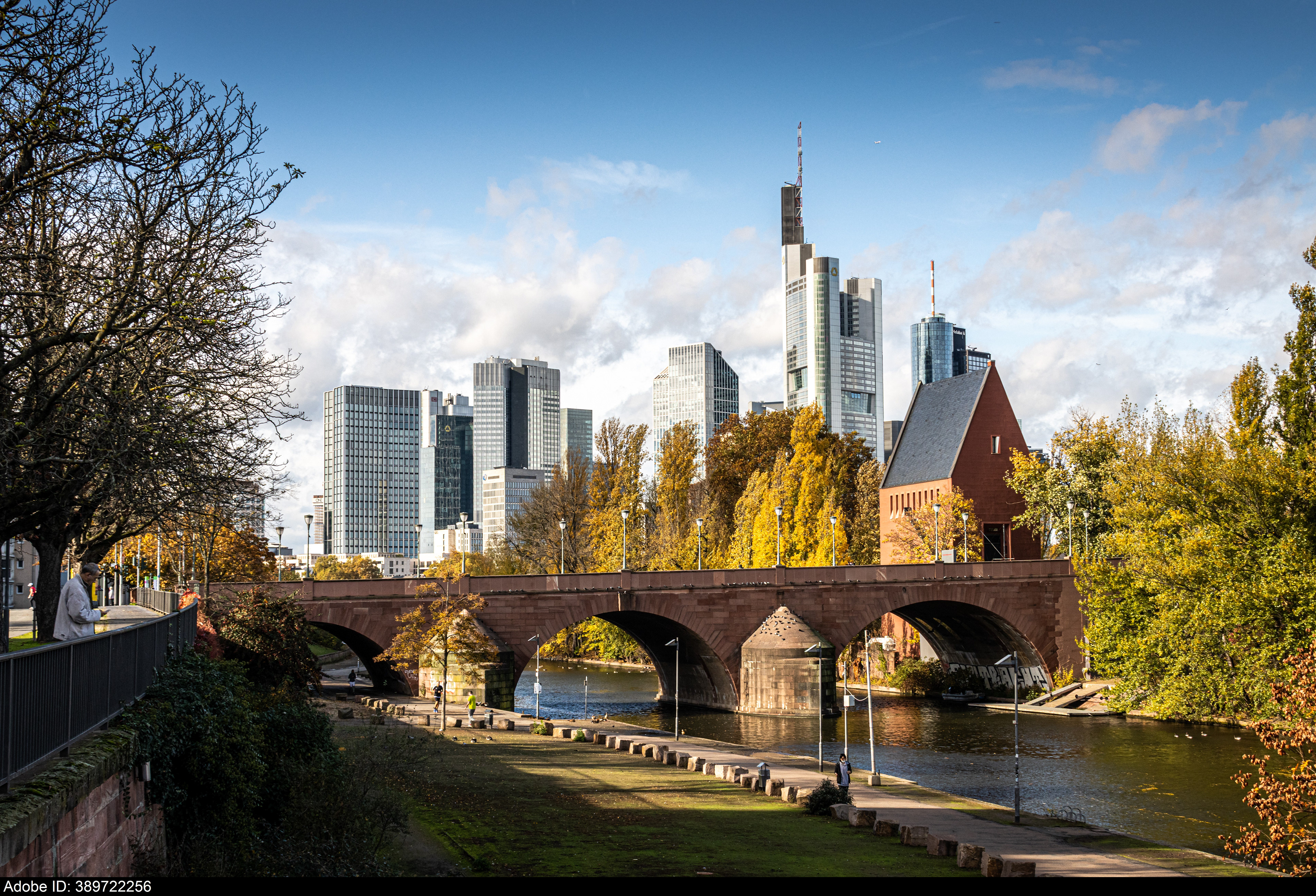 389722256  Die Skyline von Frankfurt, Deutschland, mit einer Braut am Main an einem Herbsttag