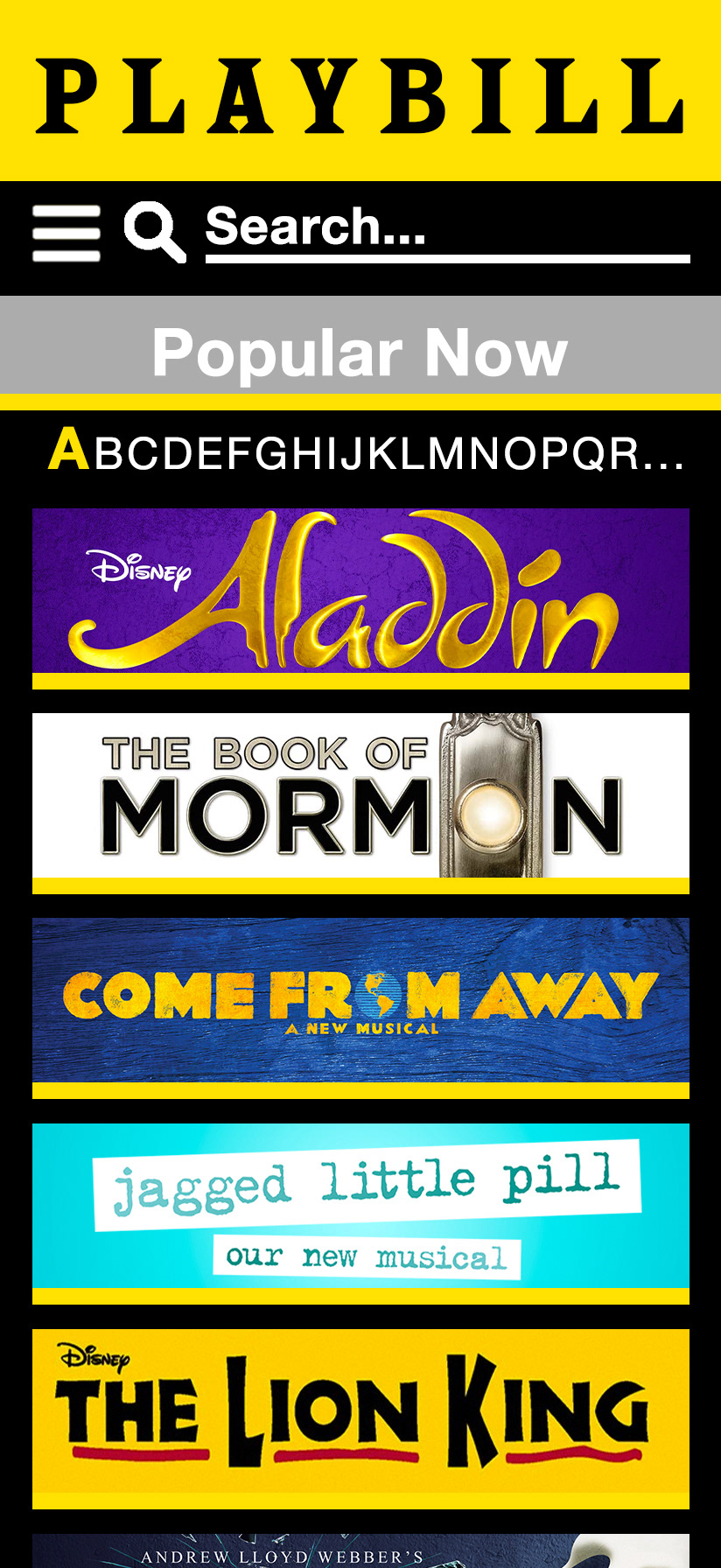 Playbill App Design: Open Now Broadway Listing Wireframe