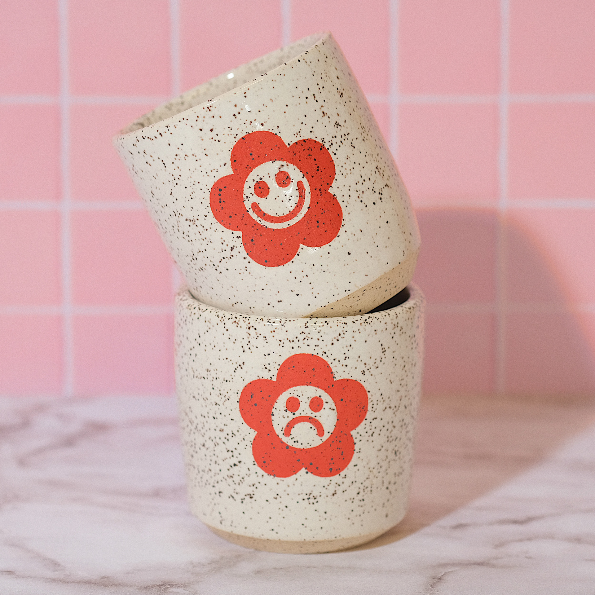 ceramic teacup set, red flower white speckled