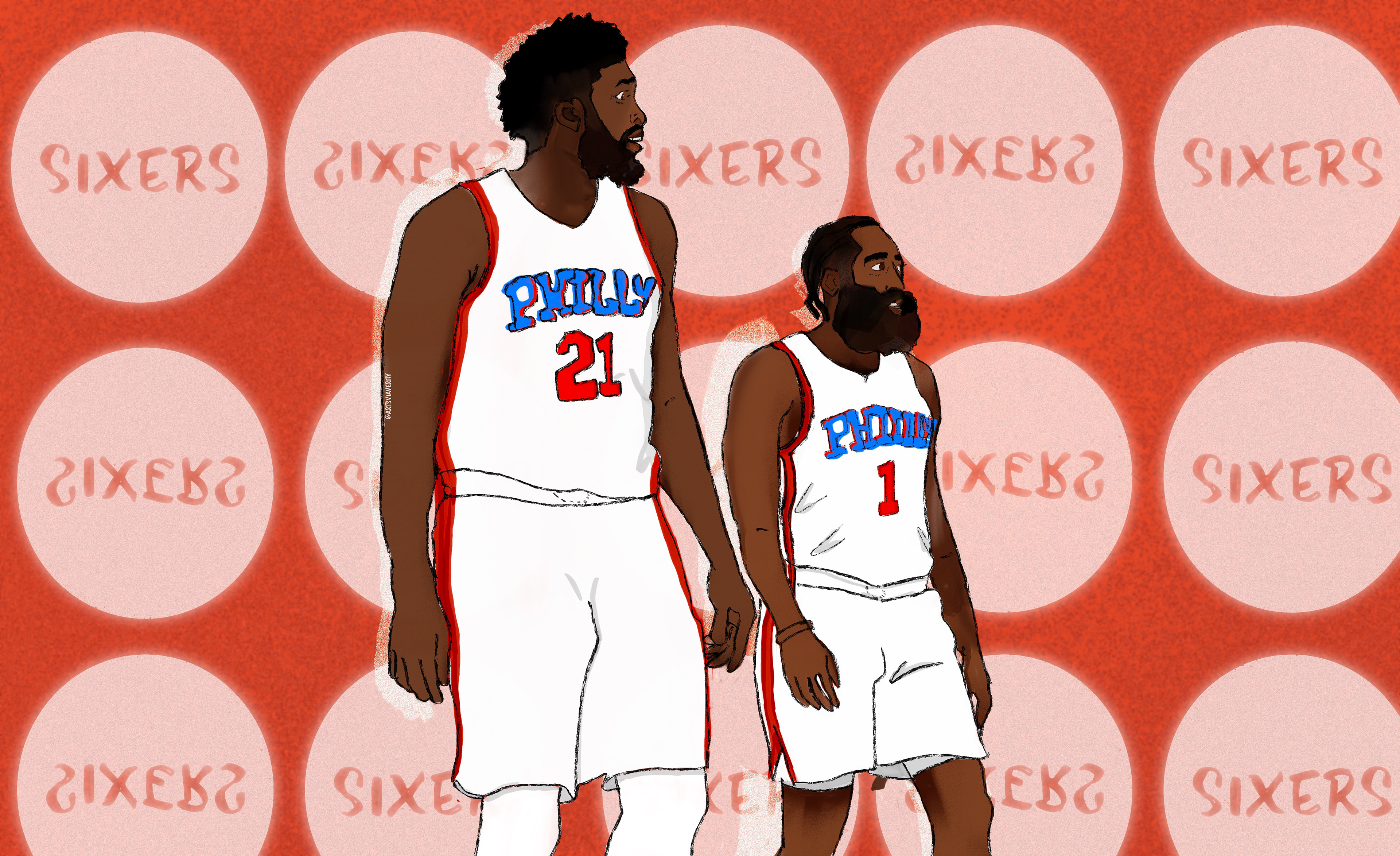 Illustration of Embiid on the Sixers. And James Harden wasting ppls time. 