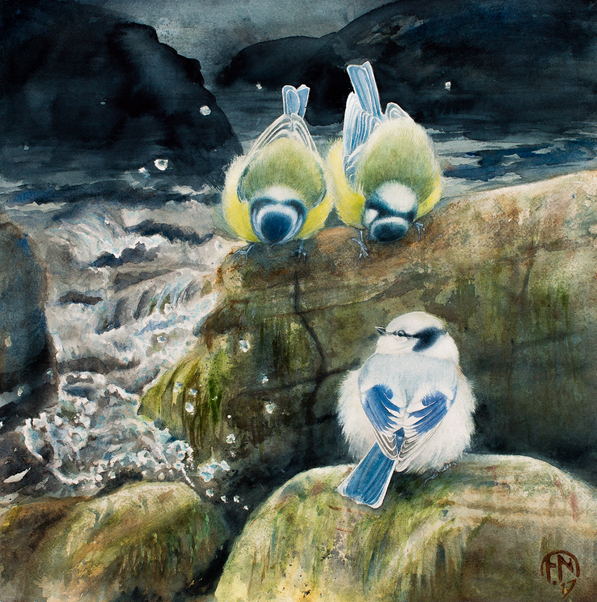 Azure tit and blue tits watercolor painting