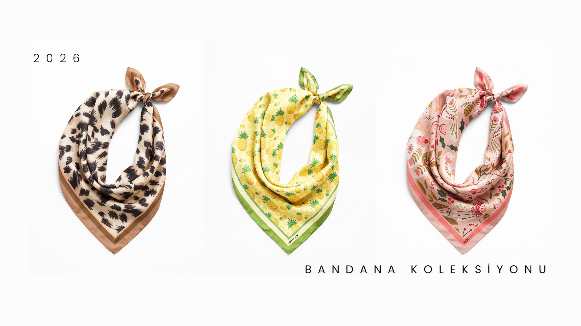 Sehlen 2026 Bandana Koleksiyonu’ndan üç farklı desenli bandananın ürün görünümü
