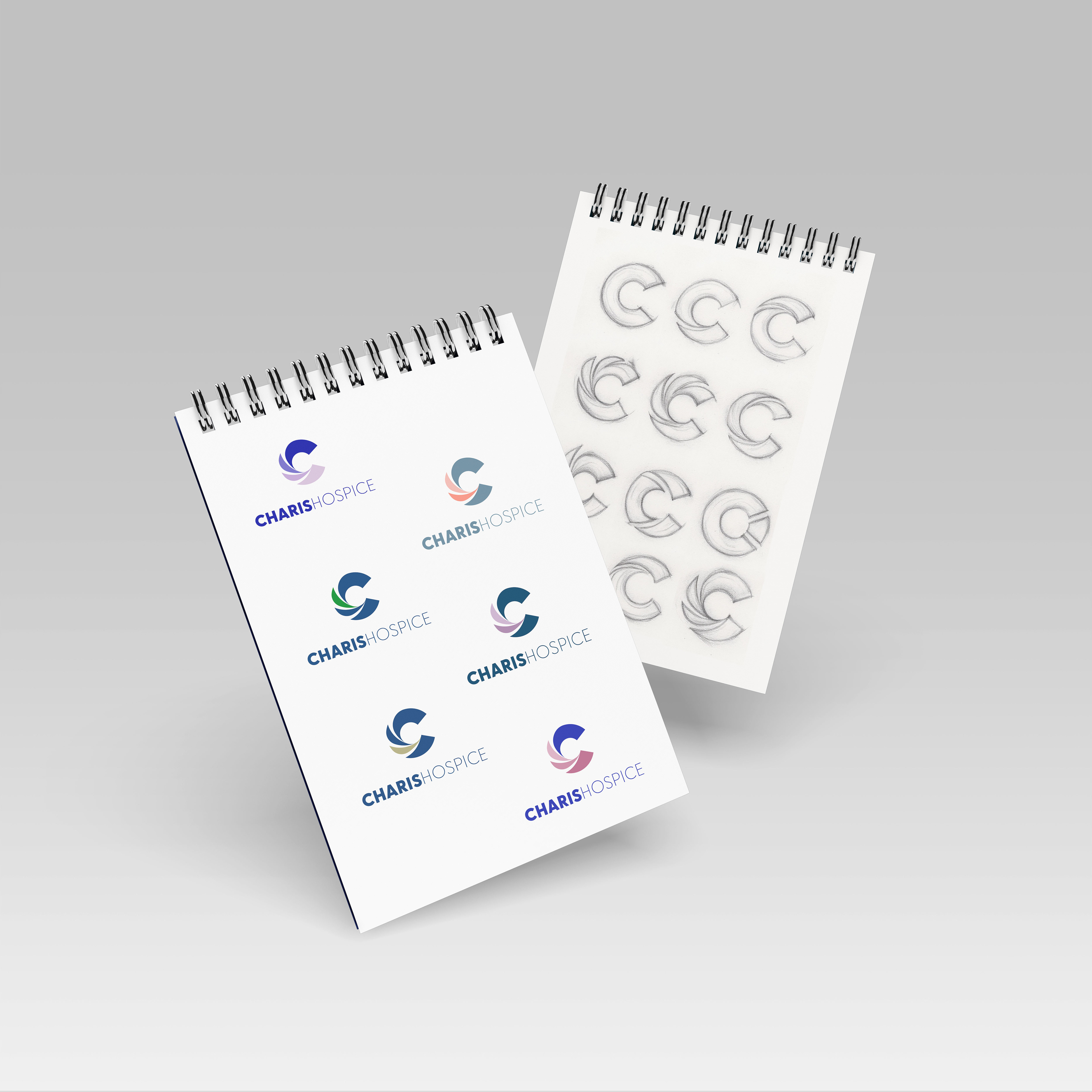 Sketches of logo work and color palettes