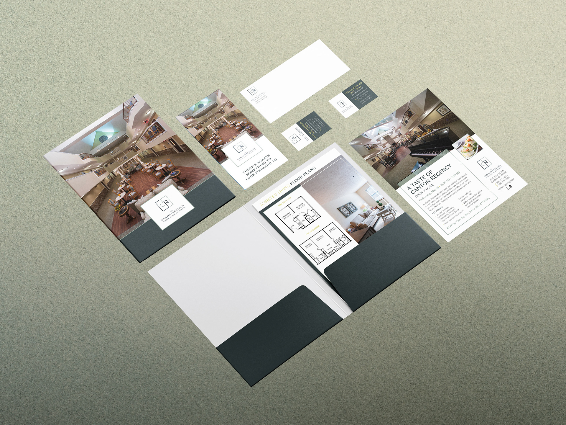 Canton Regency community collateral consisting of folders, inserts, trifold, business cards and trifold brochure