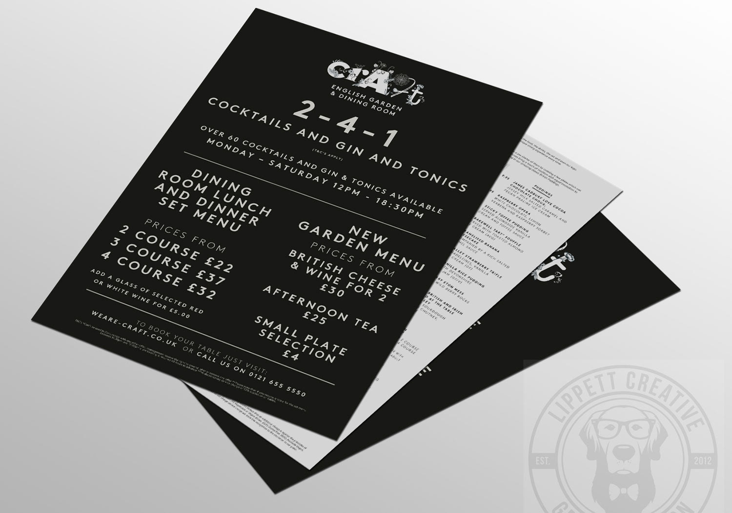 Menu design for Craft Dining Rooms, Birmingham