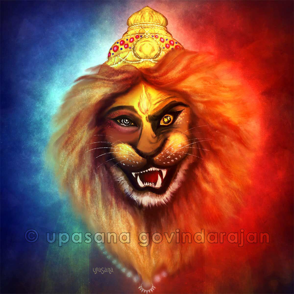 Inspired by a verse in Swami Vedanta Desikan's Kamasikashtakam. One eye of the Lord drips with motherly love for devotee (Prahlada), the other scorches evil (Hiranyakashipu). 