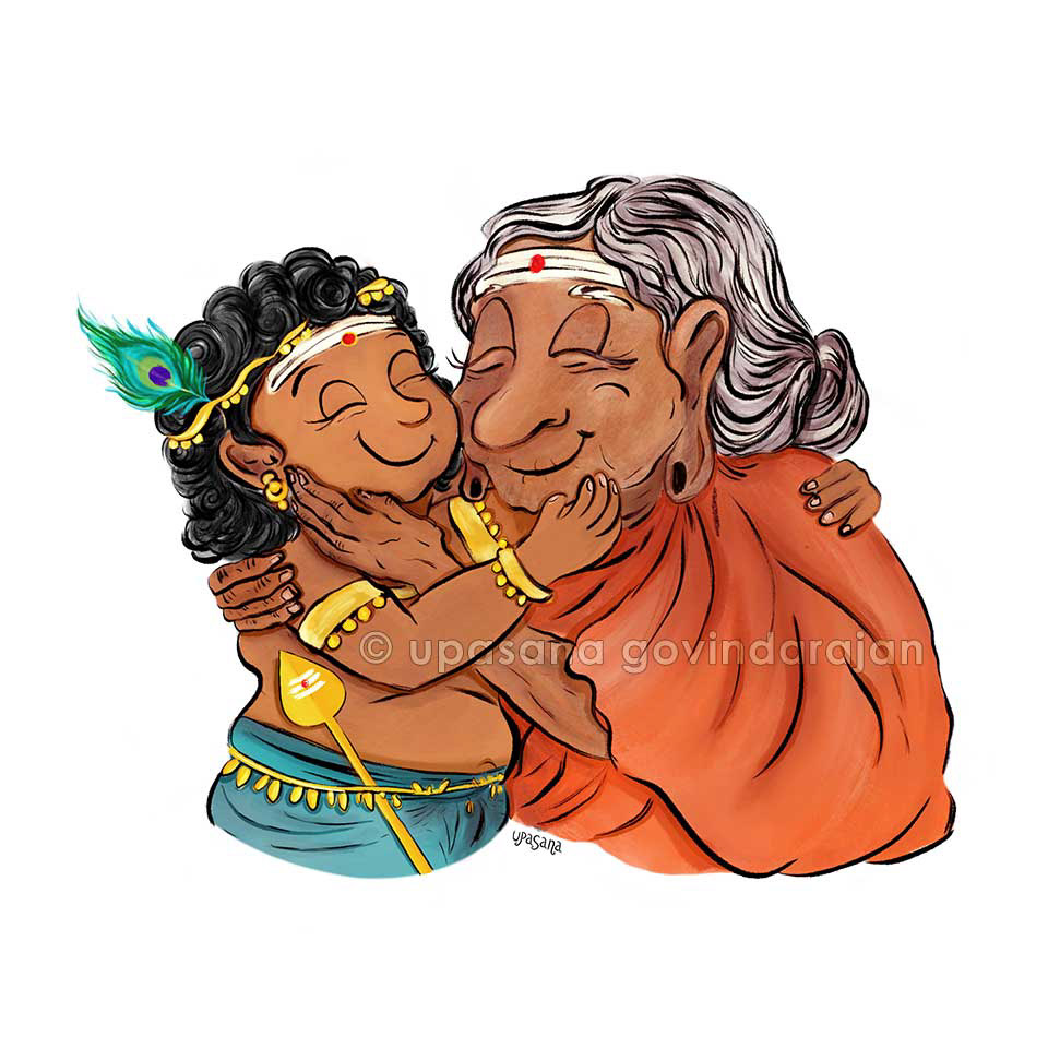 "Grandma Cuddles" Muruga with the saint-poetess Avvaiyyar, who is said to have had a grandmotherly affection for the deity. 