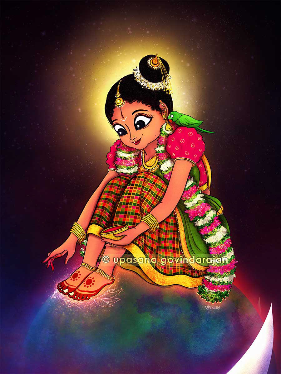 Goda decorates her lotus feet. When Goda daubed her toes with water mixed with lac, her red feet smiled with shining white toenails, and thought- "O how innocent she is! Why would she add yet another color to her pink lotus feet that already color the world?”  This is from a set of beautiful verses describing Goda’s adolescent beauty in the Keshadipada format by Sri Krishnadevaraya, celebrated poet-king of the Vijayanagara empire in his magnum opus ‘Amuktamalyada’. Translation by Dr. Srinivas Reddy.