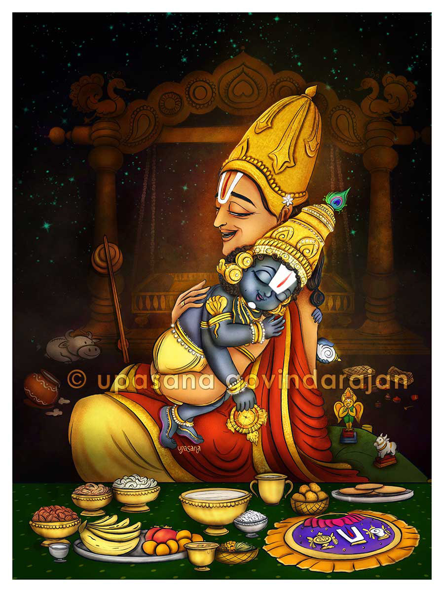 Vishnu as Srinivasa of the temple town of Tirumala, the most visited holy place in the world. Saint-poet Tallapaka Annamacharya sings a lullaby to the deity, highlighting the attribute of saulabhyam (accessibility) of the ever-compassionate lord.