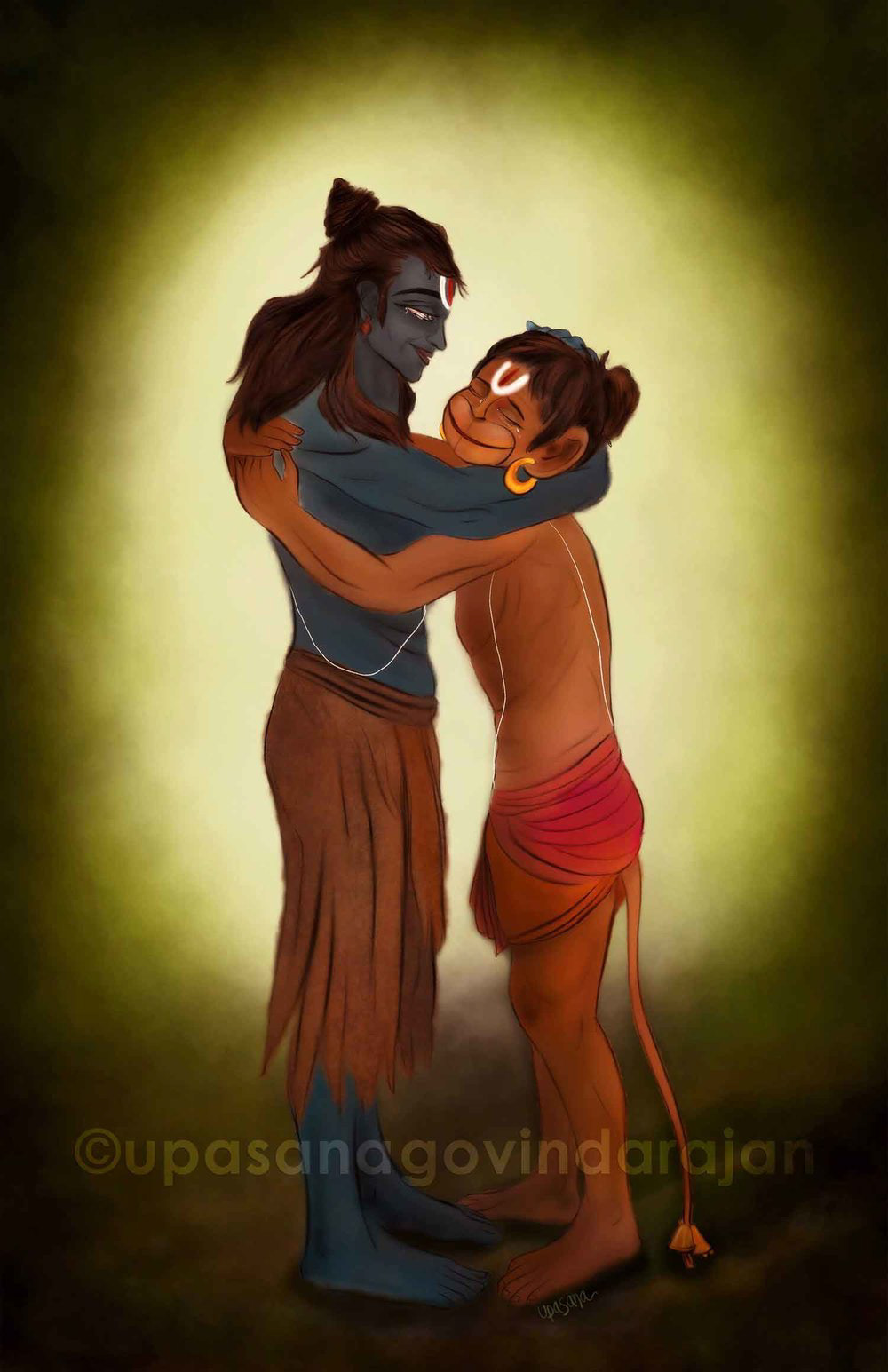 Rama embraces Hanuman