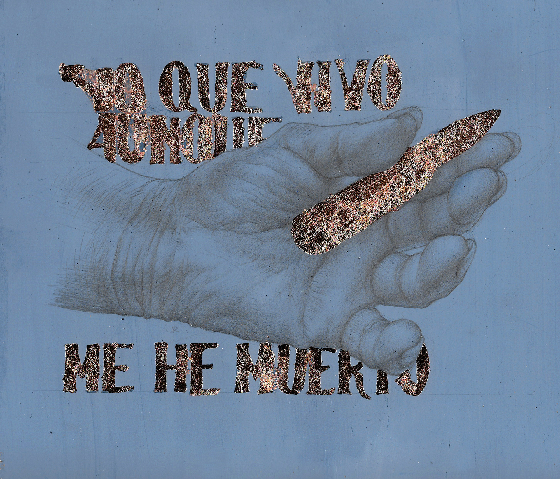Yo que vivo, 2017, silverpoint & copperleaf on indigo-tinted hand-gessoed paper, 8 x 10"