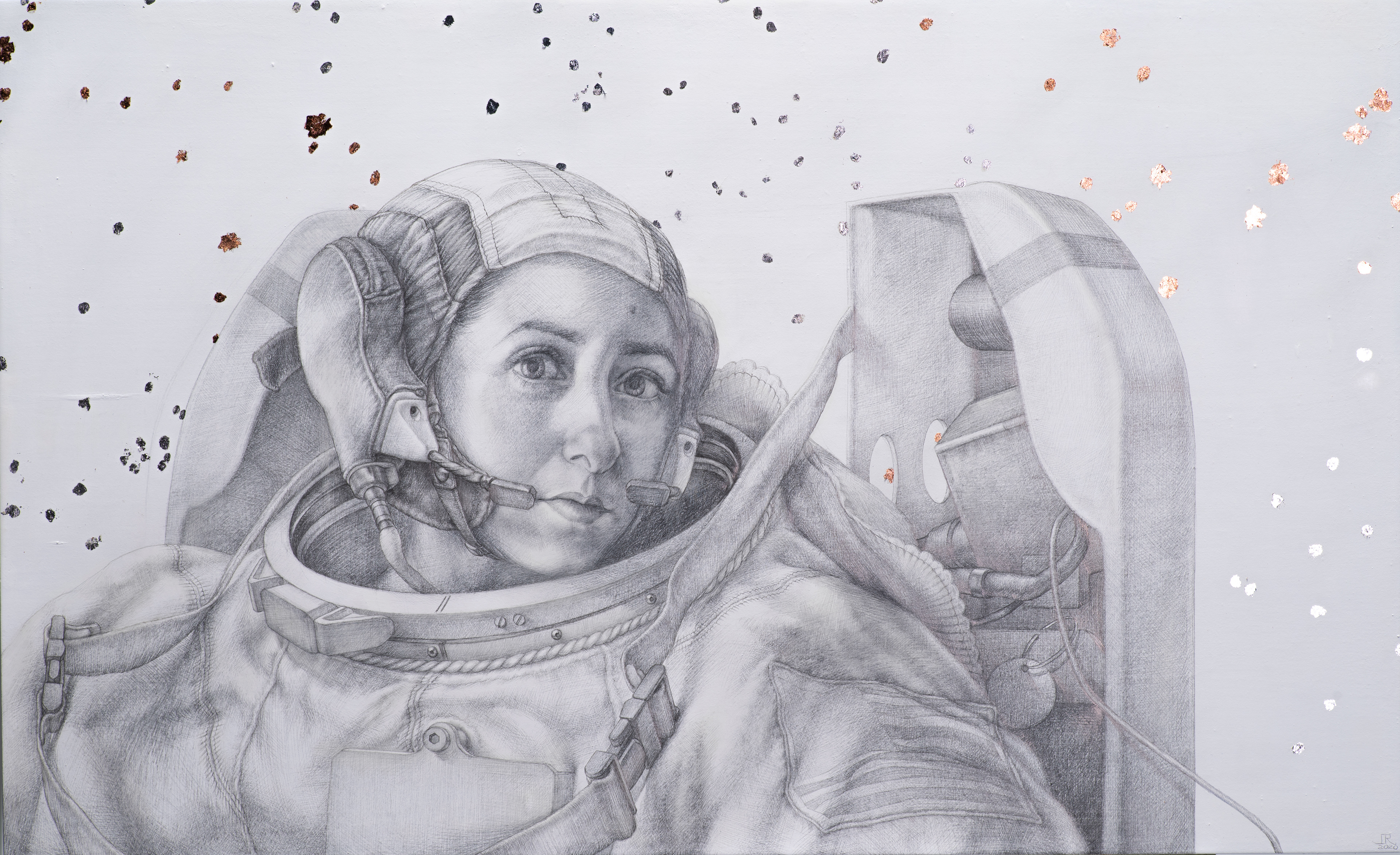 The Pendulum & the Painter, 2020, silverpoint, goldpoint, silverleaf & copperleaf on hand-gessoed panel, 15 3/8 x 25"