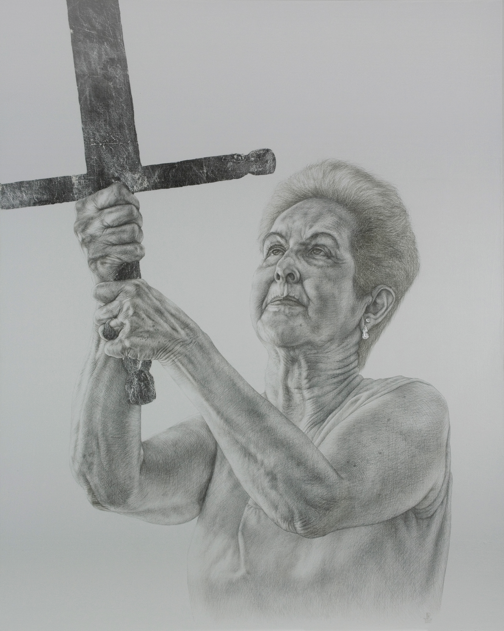 Moriré de cara al sol, 2015, silverpoint & silverleaf on hand-gesoed panel, 30 x 24"