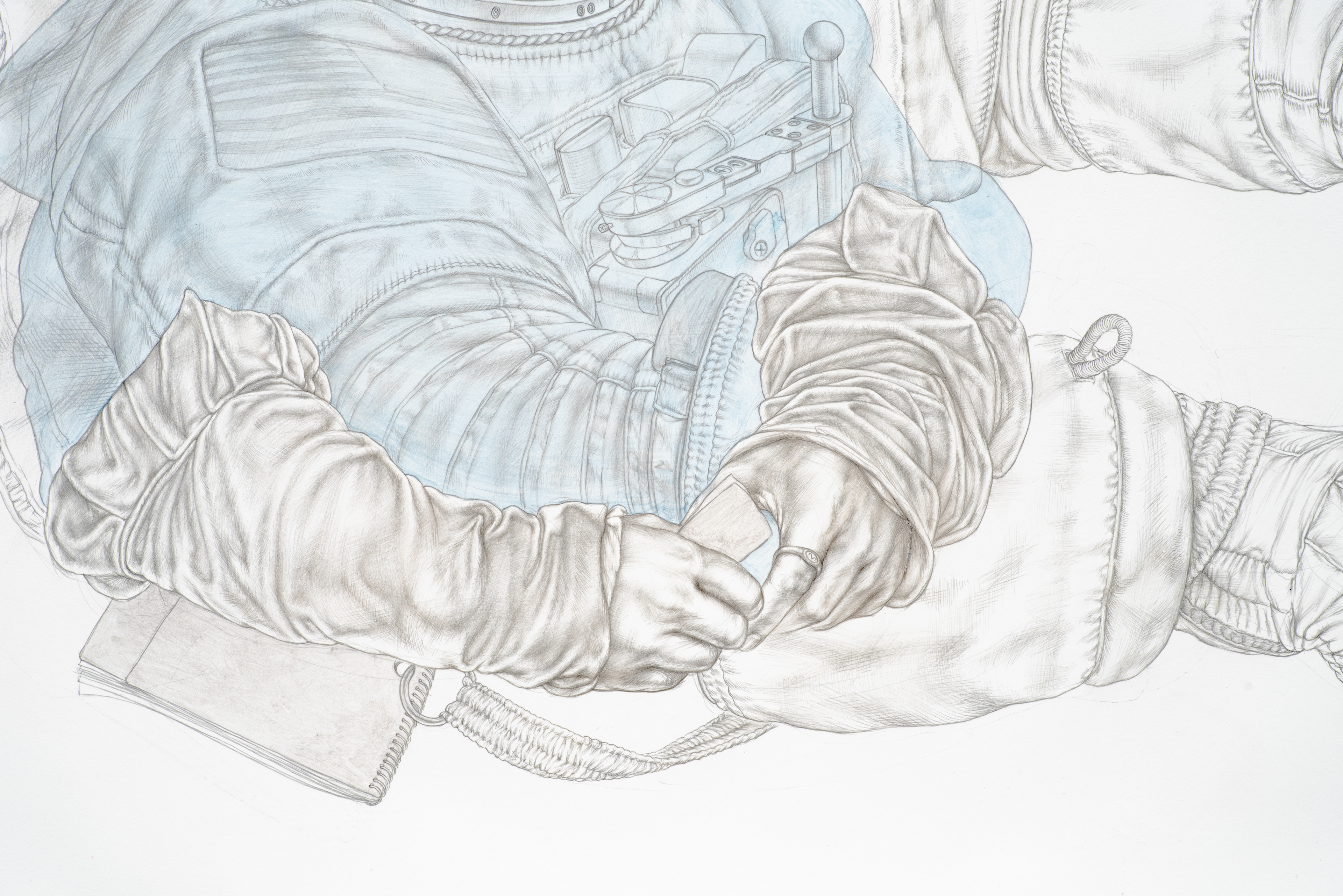 Detail from No Man is an Island, 2021, silverpoint & acrylic on hand-gessoed paper, 31 x 42 1/2"