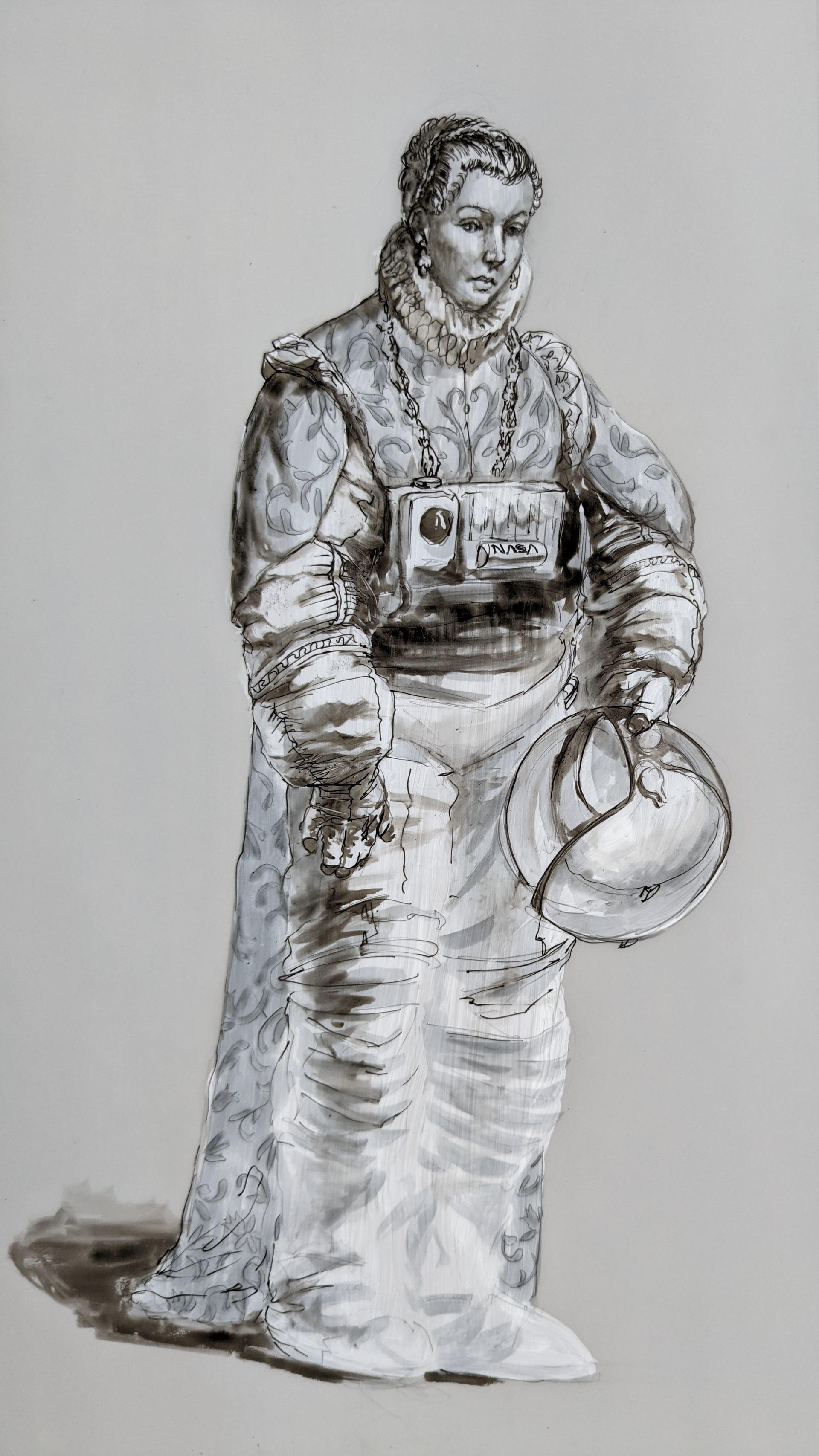 Moroni's Mission (Study), 2023, ink & acrylic on Mylar, approx. 11 x 6"