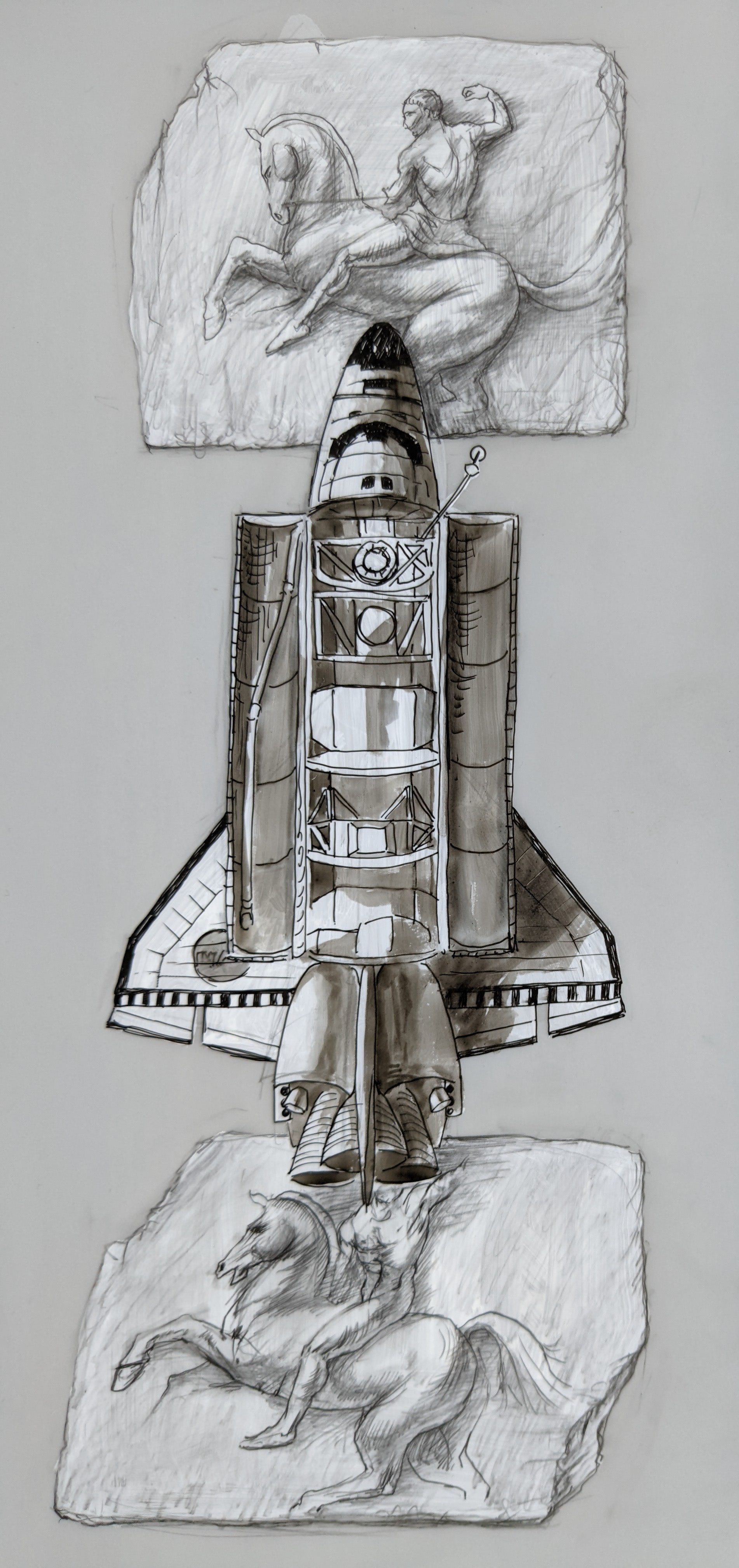 Bookends II (Study), 2023, graphite, ink, & acrylic on Mylar, approx. 11 x 6"