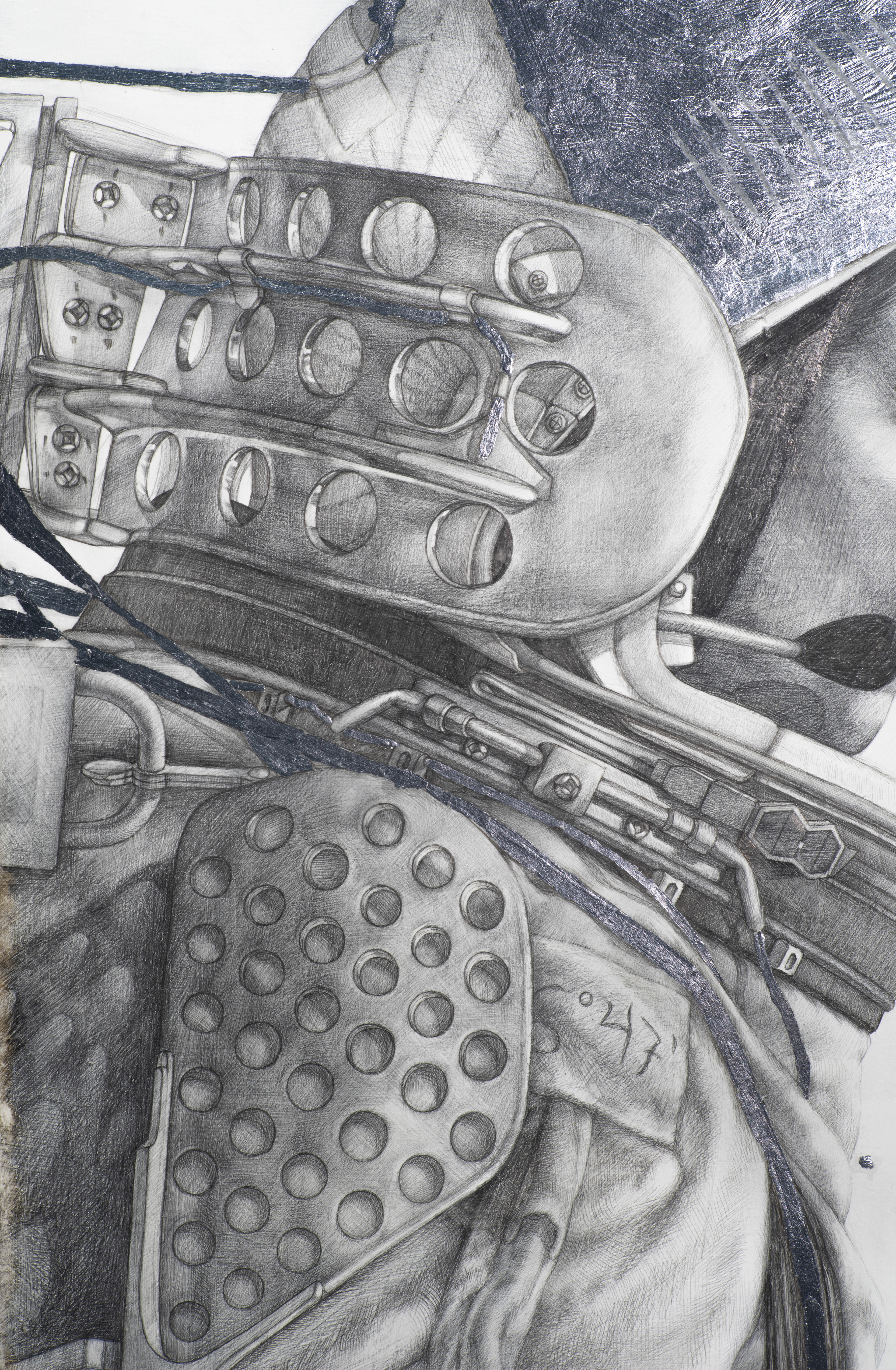 Detail from Io Impulsum, 2020, silverpoint, goldpoint & silverleaf on hand-gessoed panel, 25 x 18"