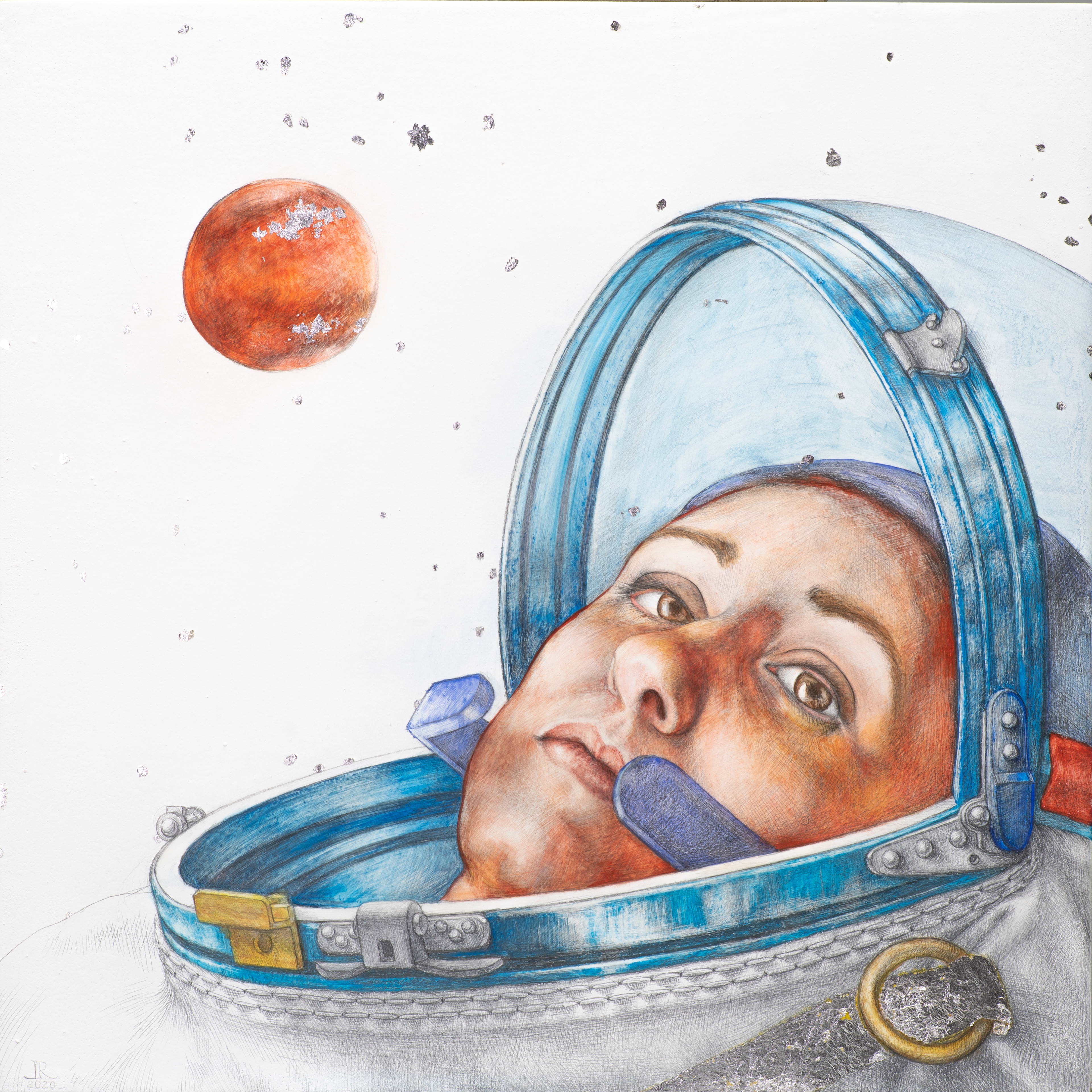 The Moral is the Chosen, Not the Forced, 2020, silverpoint, goldpoint, watercolor & silverleaf on hand-gessoed panel, 12 x 12"