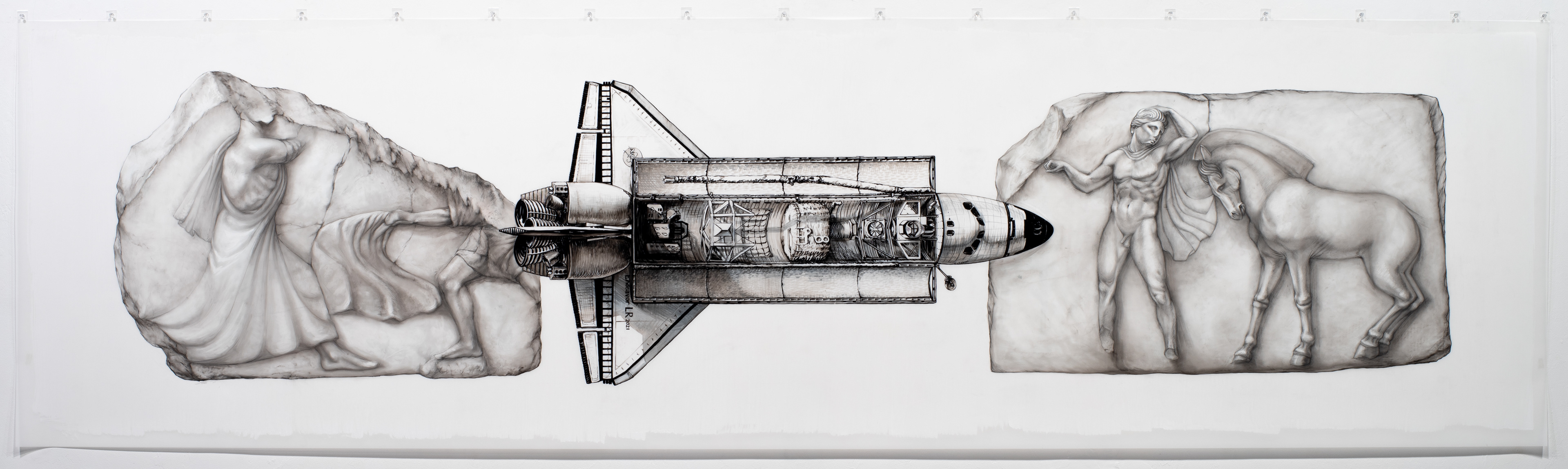 Bookends, 2021, India ink, charcoal, graphite & acrylic on DuraLar, 40" x 144"/12'