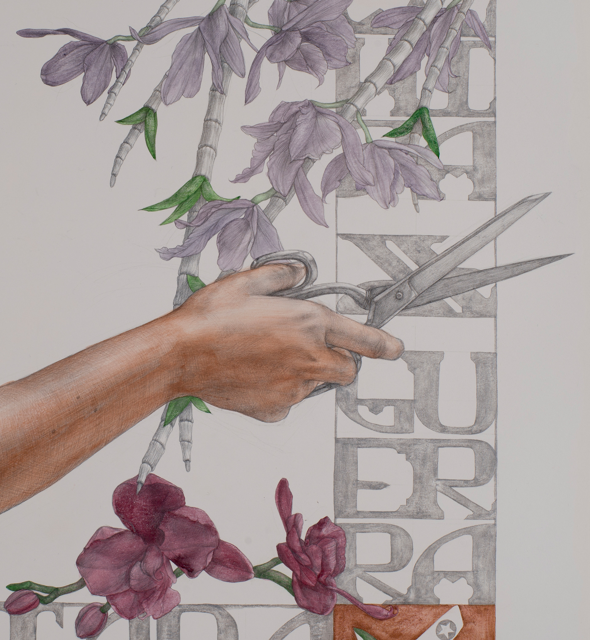 Detail from Spring Equinox Self Portrait, 2019, silverpoint & acrylic on hand-gessoed paper, 29 1/2 x 41 1/3"