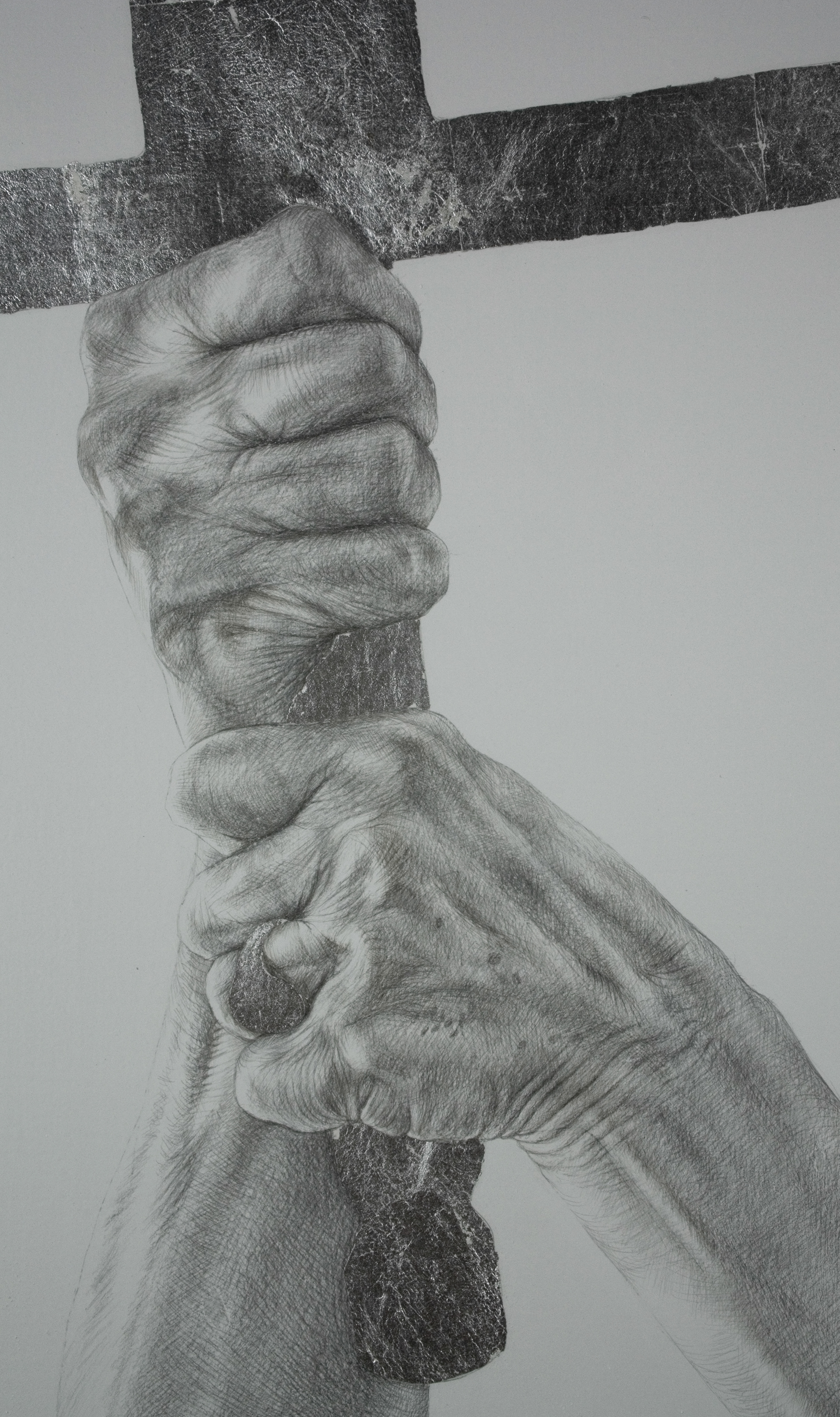 Detail from Moriré de cara al sol, 2015, silverpoint & silverleaf on hand-gesoed panel, 30 x 24"