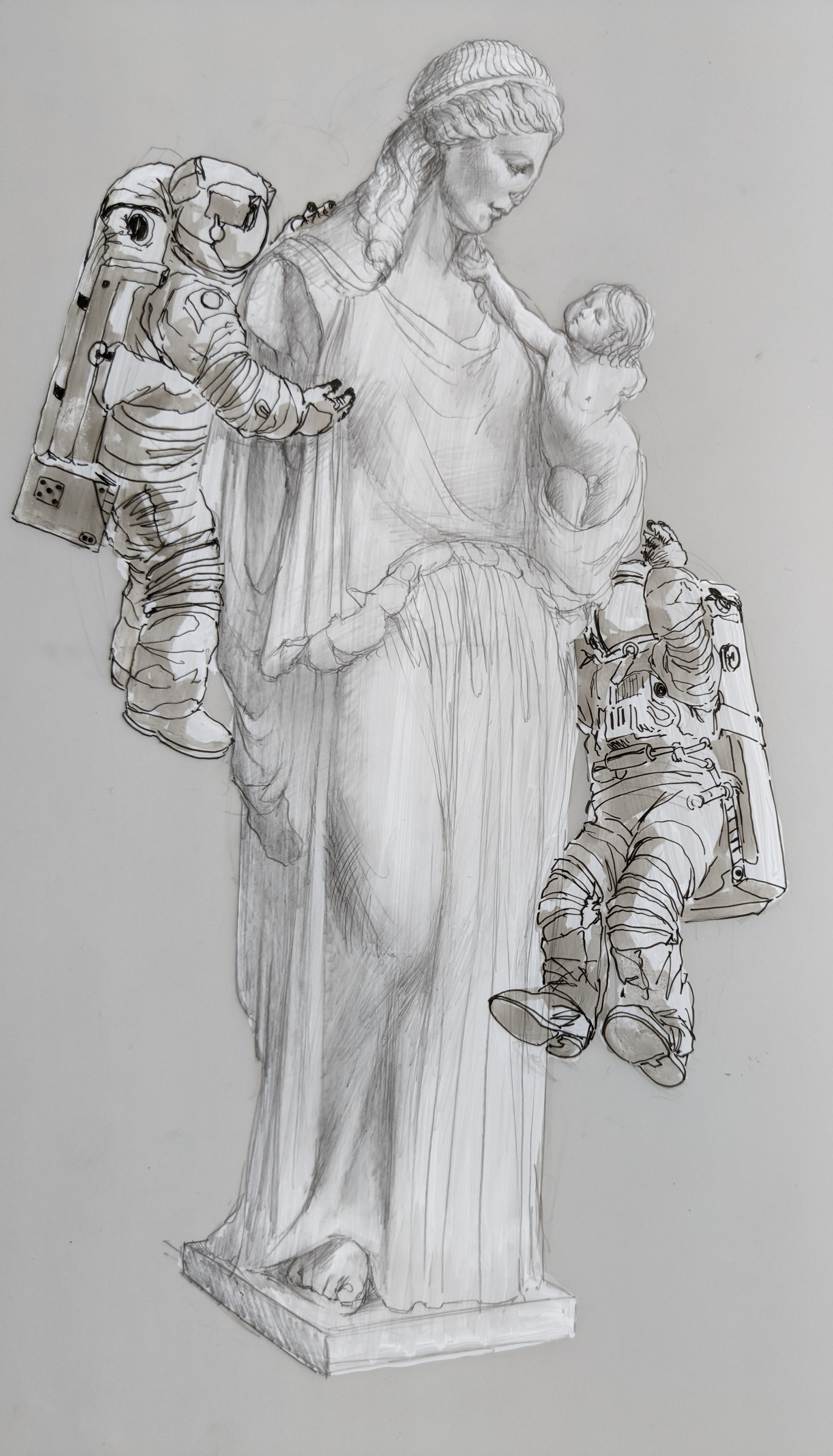 Maternity Monolith (Study), 2023, graphite, ink, & acrylic on Mylar, approx. 11 x 7"
