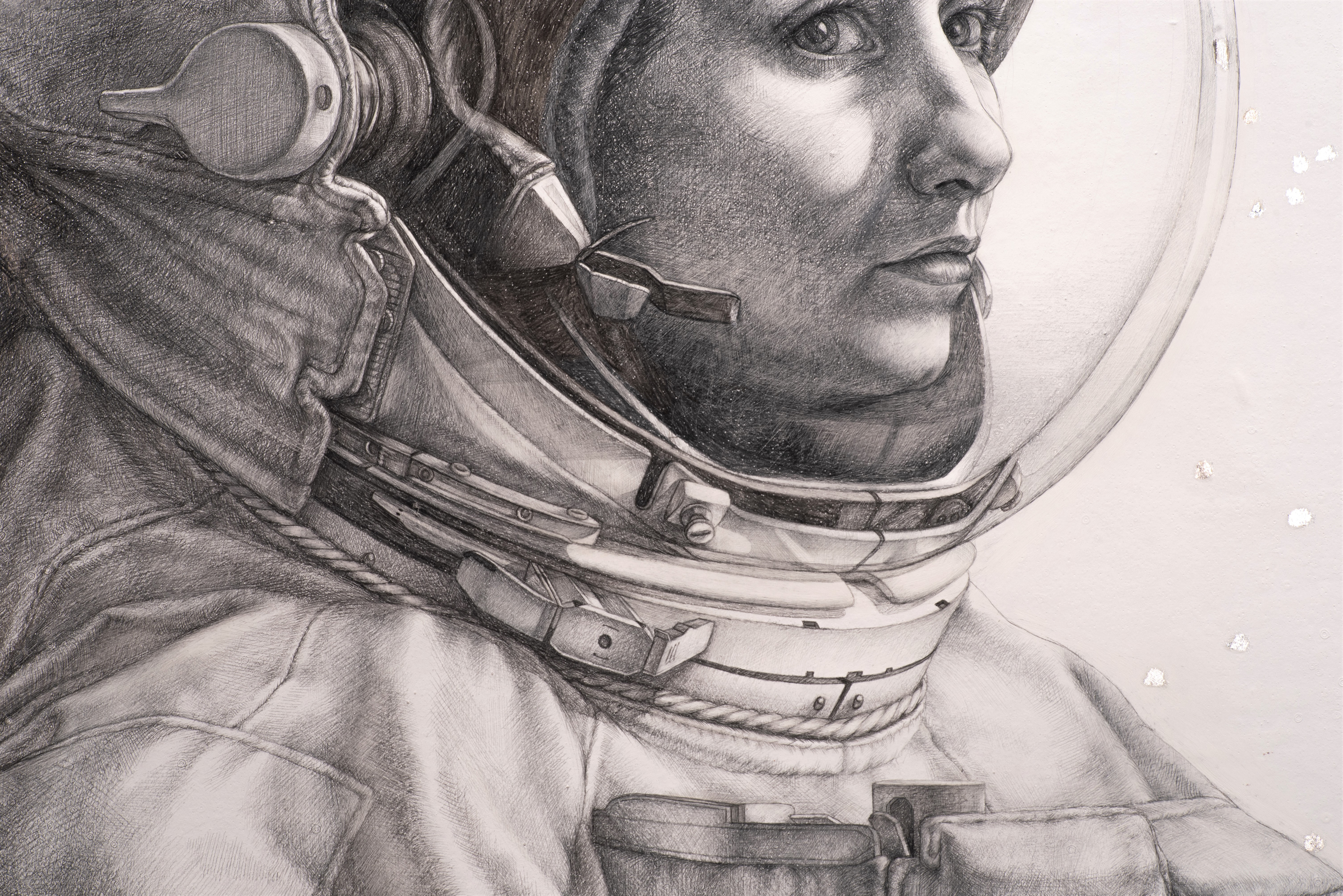 Detail from Aries, Argonaut, Astronaut, 2019-2020, silverpoint, goldpoint & silverleaf on hand-gessoed panel, 18 x 16"