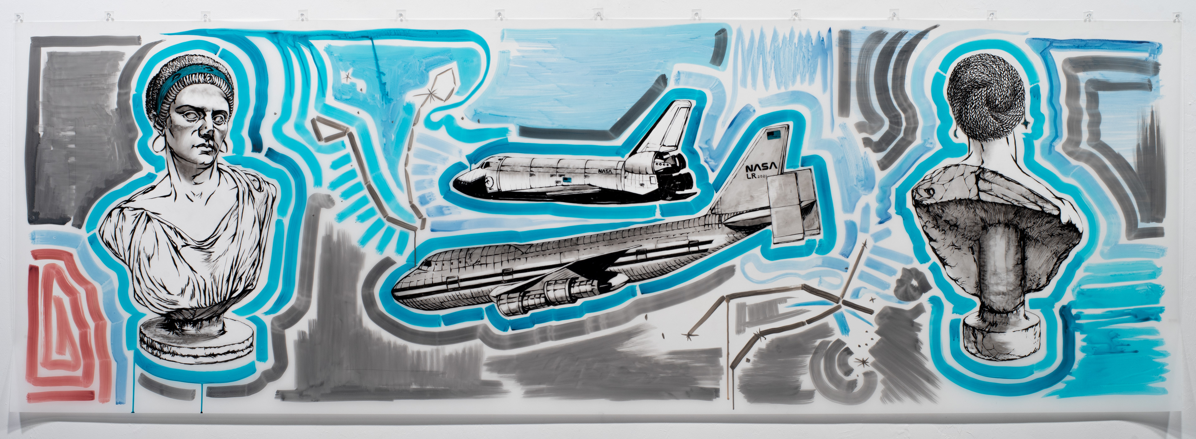 The Birth of Pisces, 2021, India ink, ink, charcoal & acrylic on DuraLar, 40" x 120"/10'