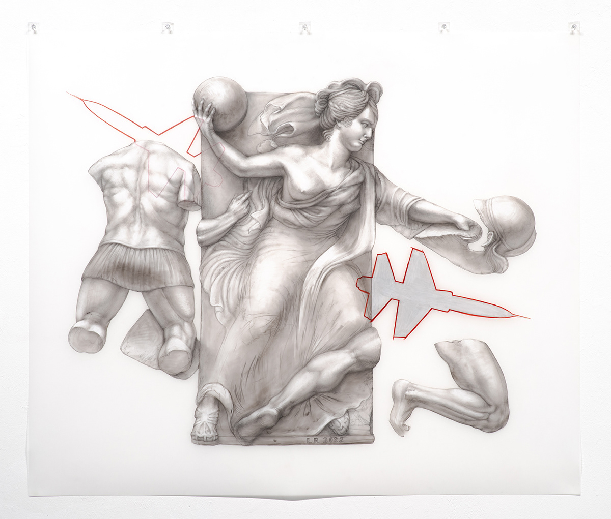 Sound Barrier, 2022, charcoal, graphite, ink & acrylic on DuraLar, 40 x 48"/4'