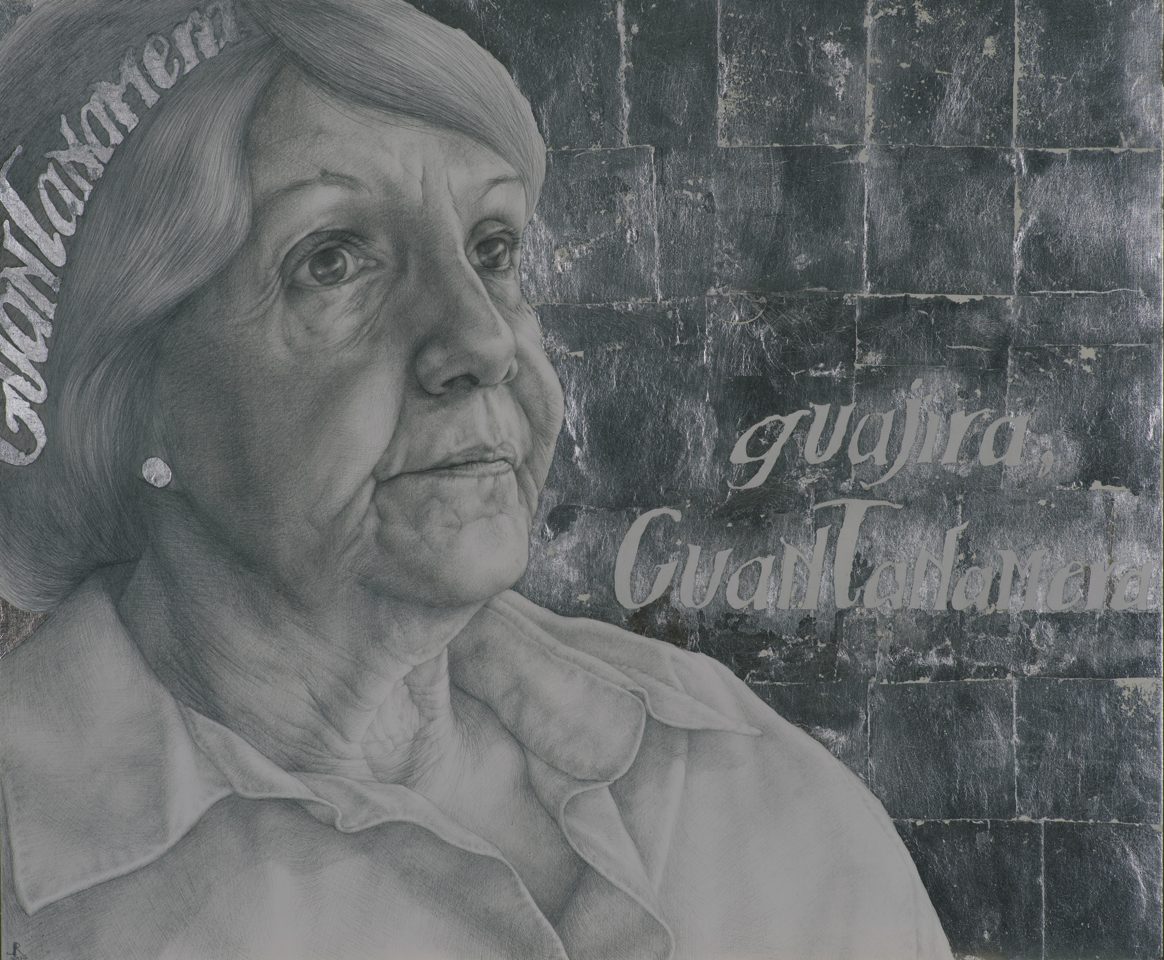 Echar mis versos del alma, 2017, silverpoint & silverleaf on hand-gessoed panel, 20 1/2 x 24 1/2"