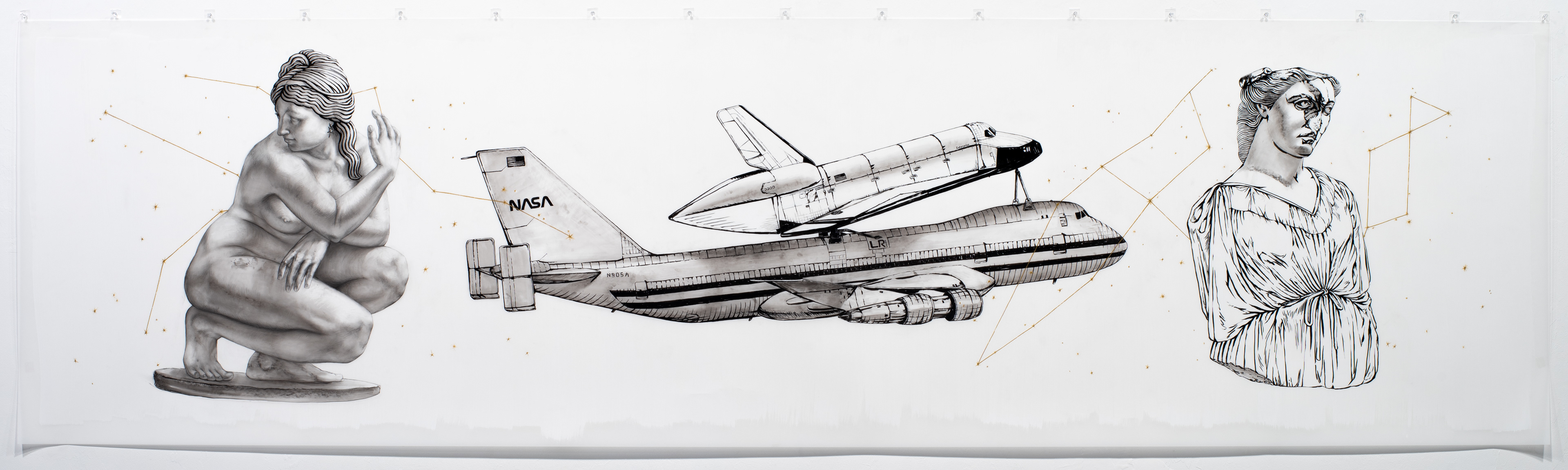 Fertility Goddesses, 2021, India ink, charcoal, graphite & acrylic on DuraLar, 40" x 144"/12'