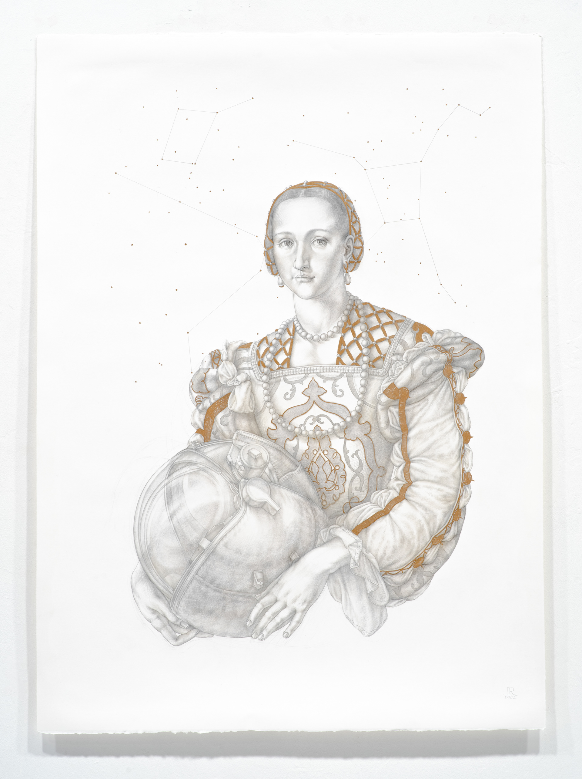Eleonora Evolving, 2021, silverpoint & gold ink on hand-gessoed paper, 42 1/2 x 31"