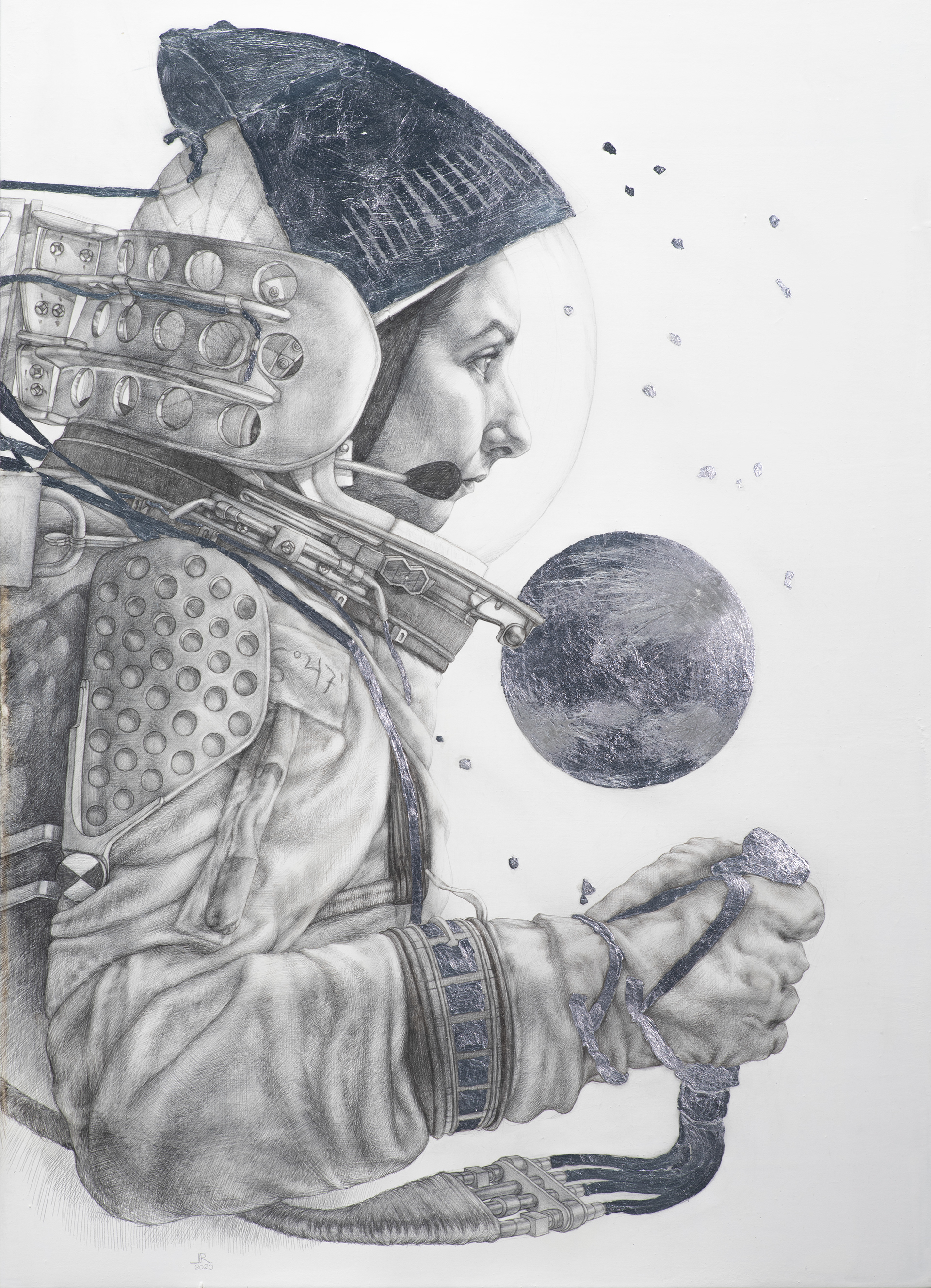 Io Impulsum, 2020, silverpoint, goldpoint & silverleaf on hand-gessoed panel, 25 x 18"