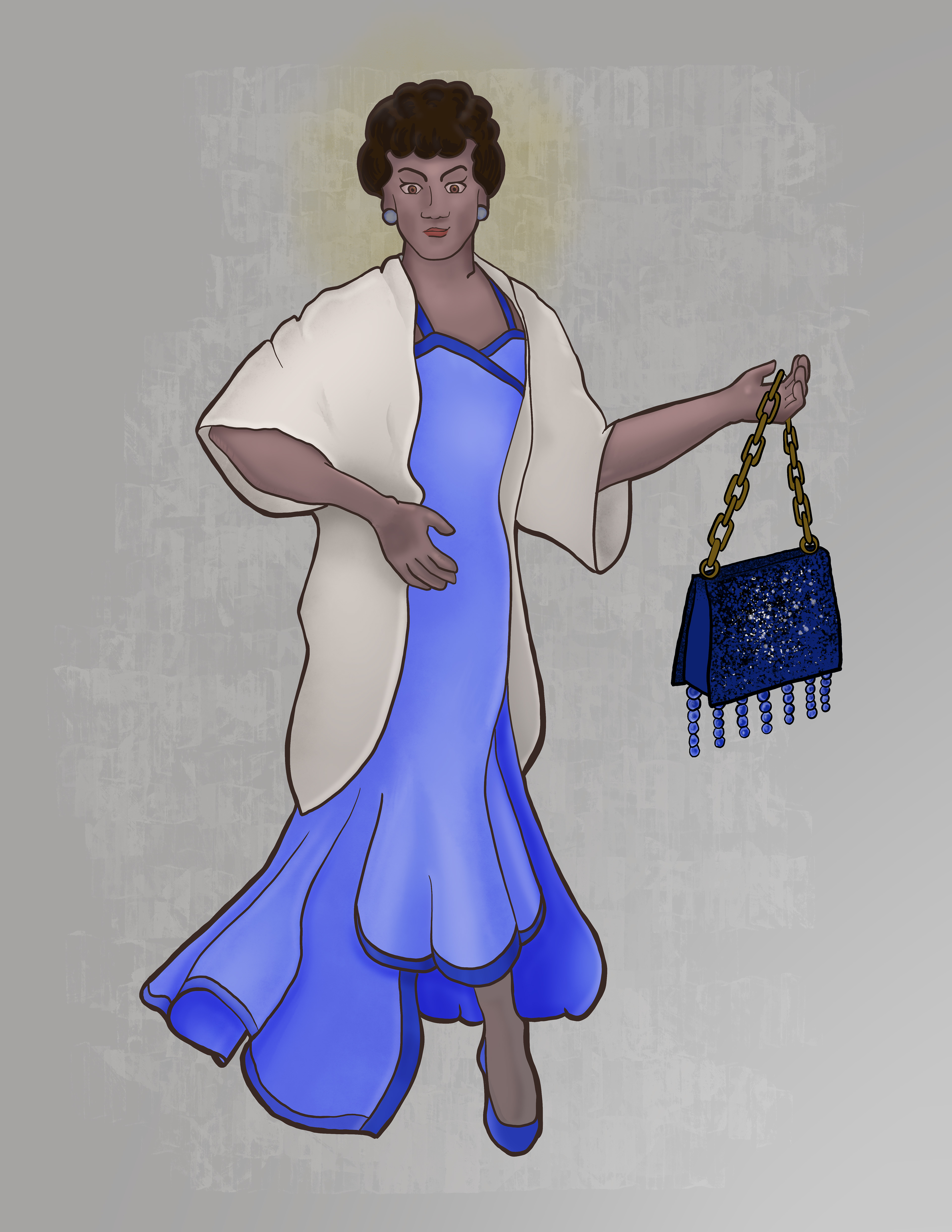 An illustration of José Sarria in drag. He holds a foot out in front with the flowing layers of a blue dress swirling around him. One hand is near his waist while the other holds a blue sequined purse with a gold chain strap and beaded fringe.