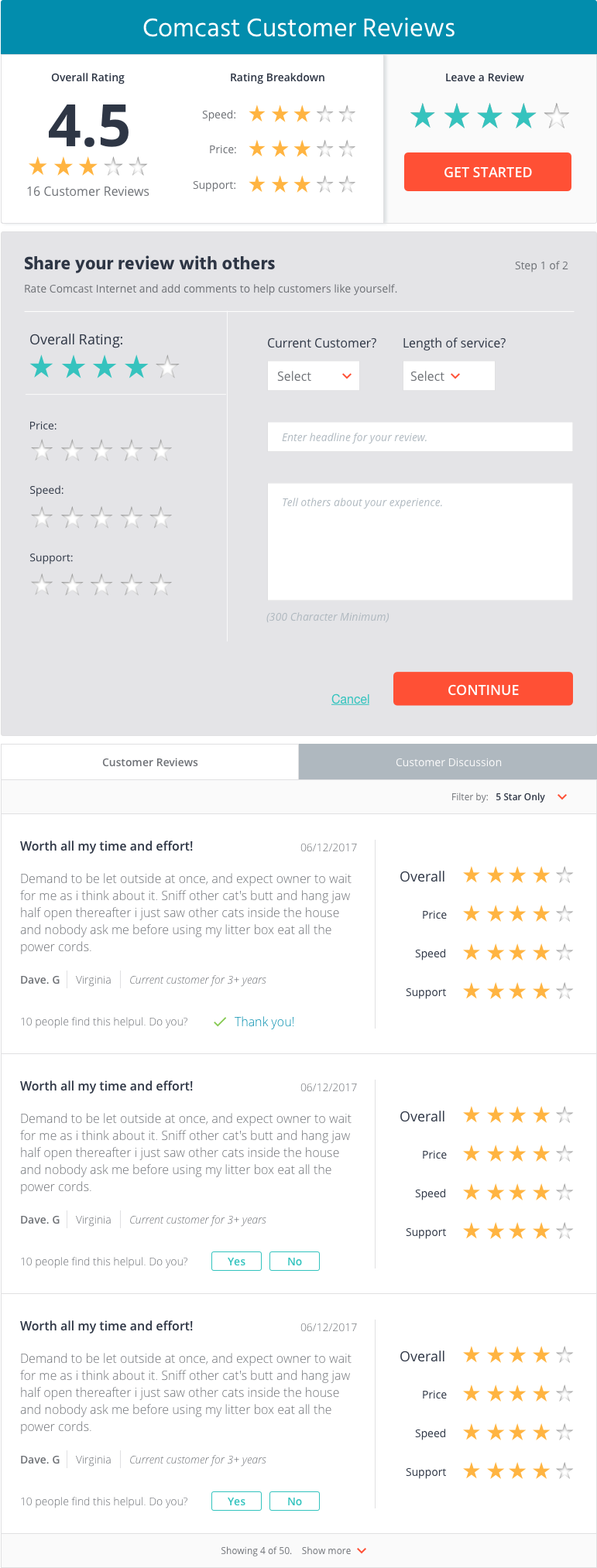 User reviews interface that is located at the bottom of articles for products and services.
