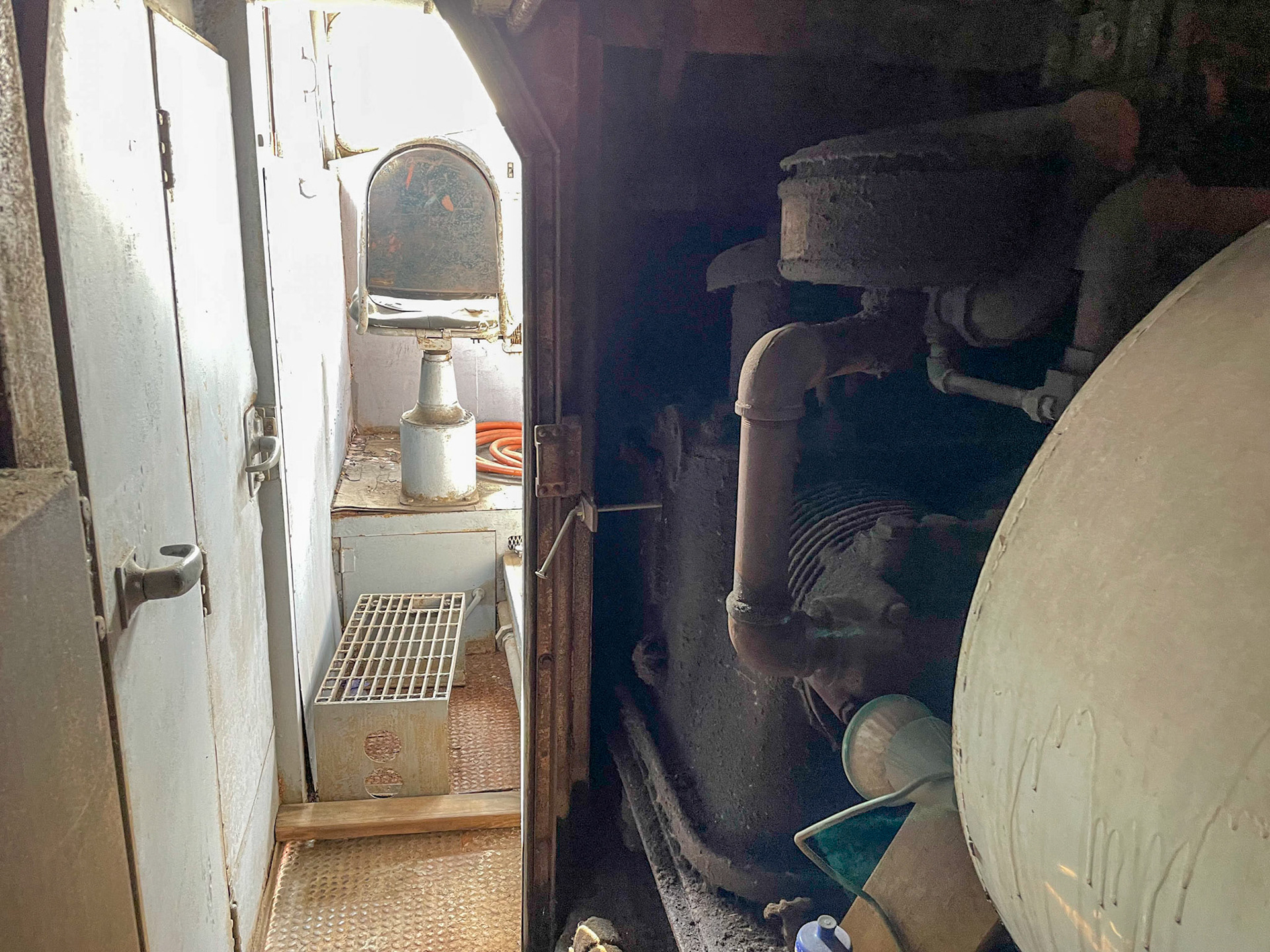 From inside looking towards the cab